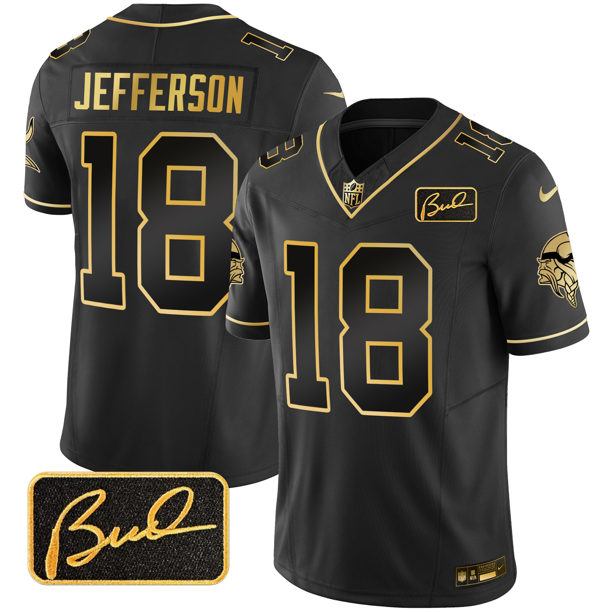 Justin Jefferson Men's Minnesota Vikings Bud Grant Patch Gold Limited V2 Black Gold Jersey - All Stitched