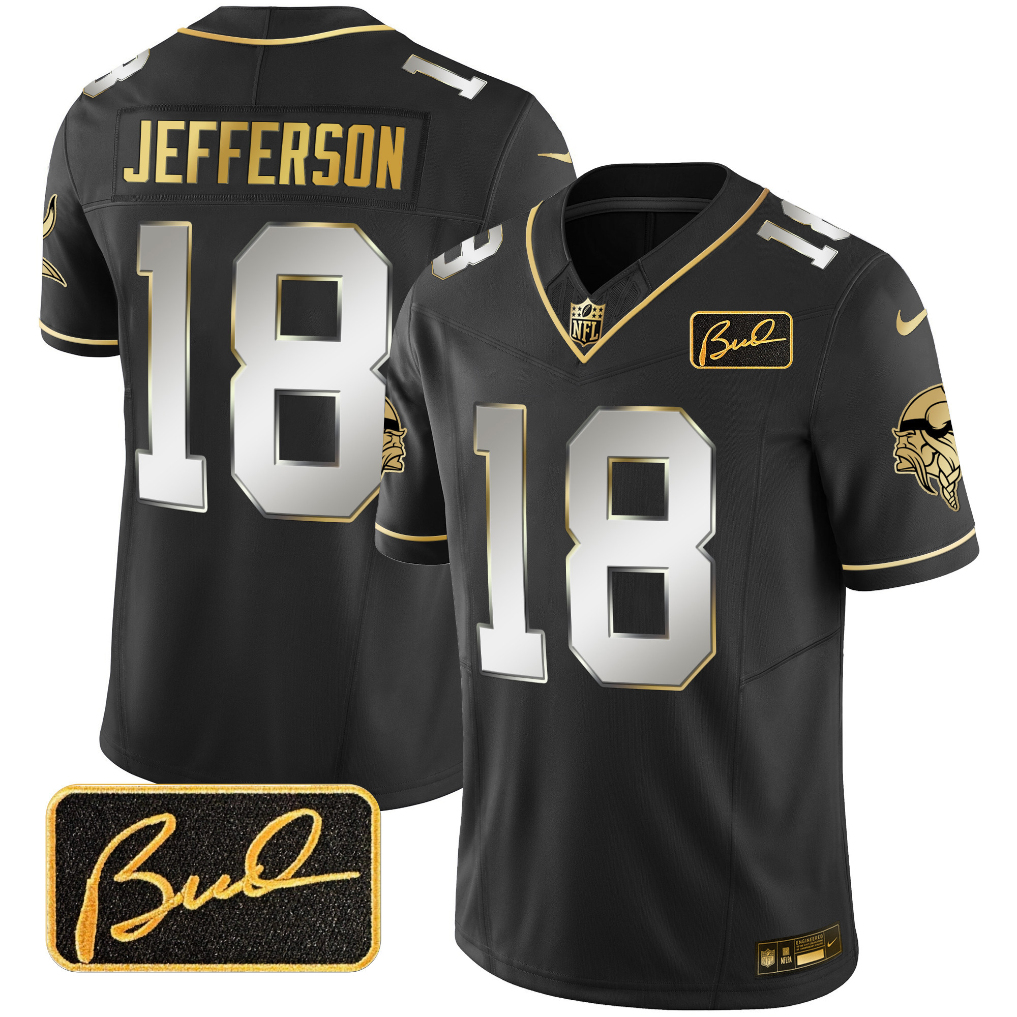 Justin Jefferson Men's Minnesota Vikings Bud Grant Patch Gold Limited V2 Black Limited Jersey - All Stitched