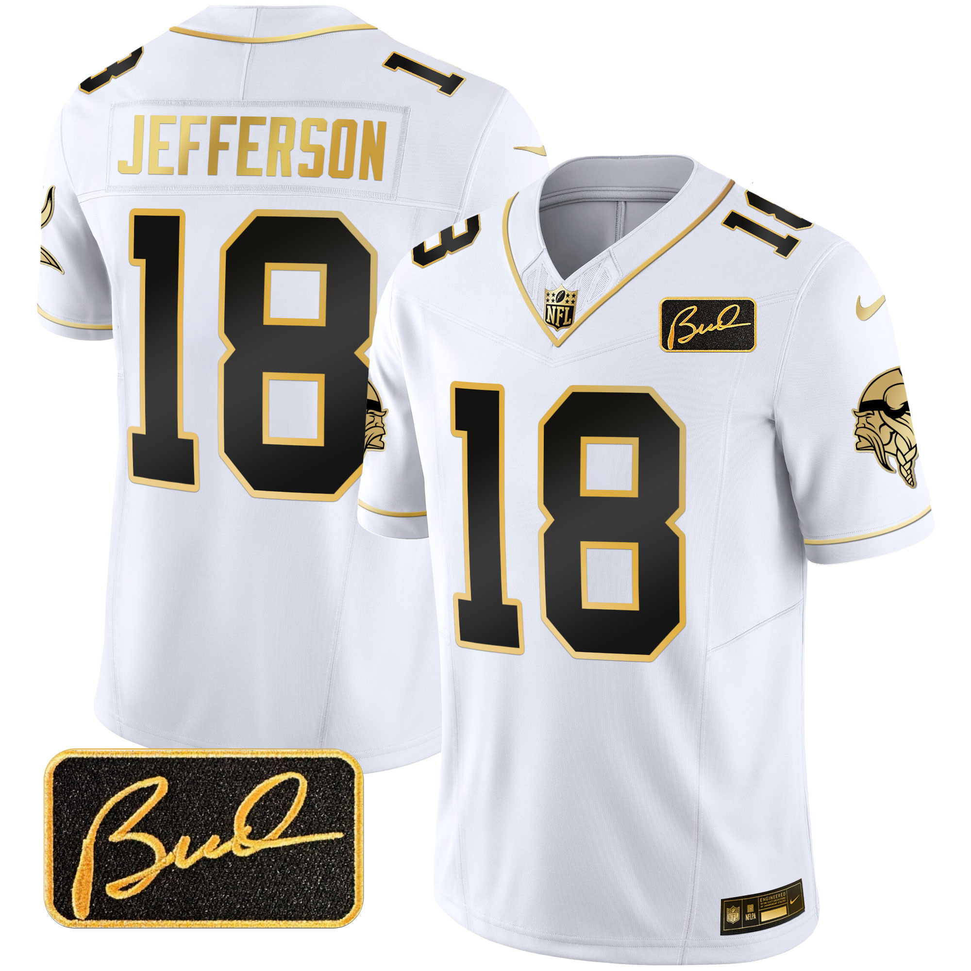Justin Jefferson Men's Minnesota Vikings Bud Grant Patch Gold Limited V2 White Gold Jersey - All Stitched