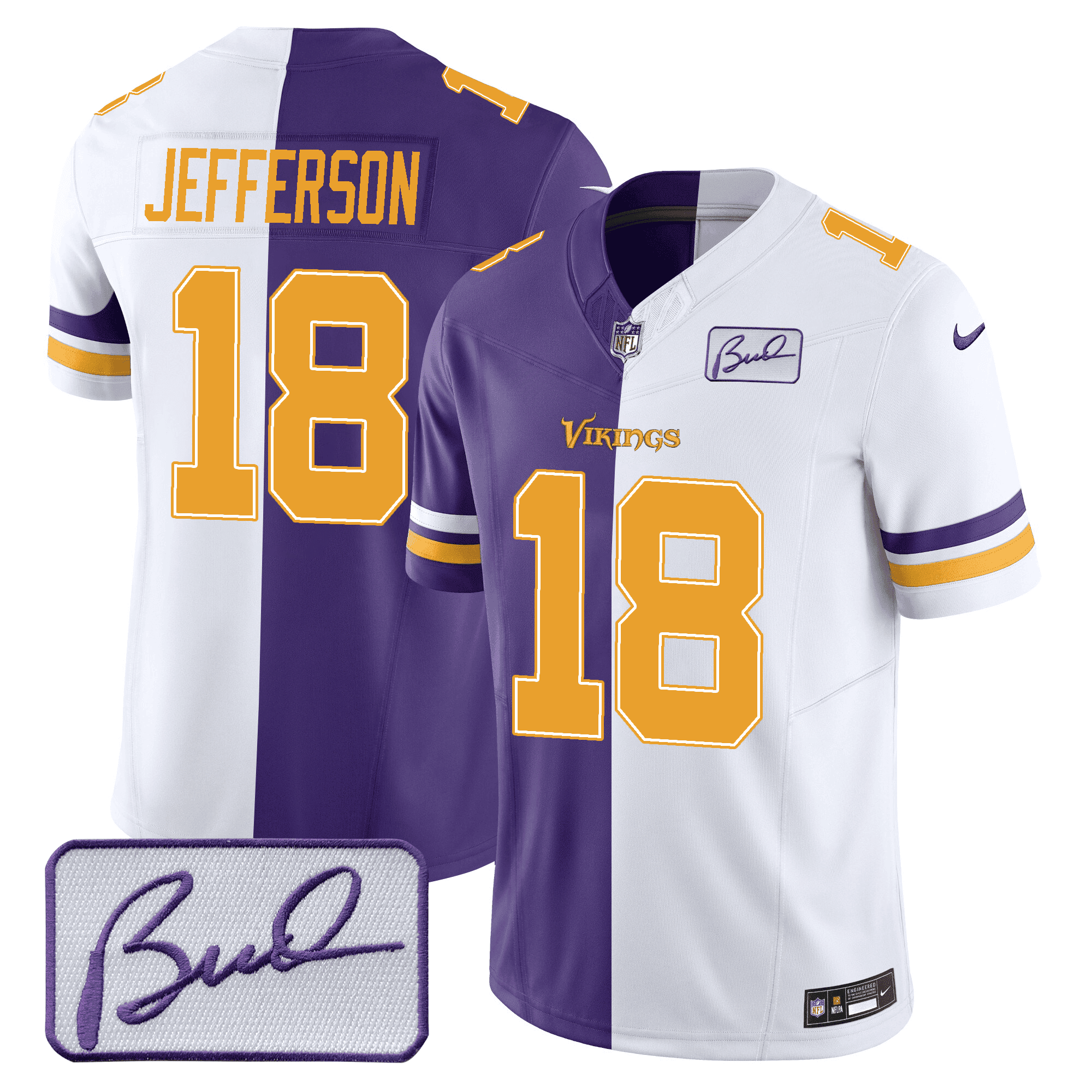 Justin Jefferson Men's Minnesota Vikings Bud Grant Patch Purple/ White Split Jersey - All Stitched