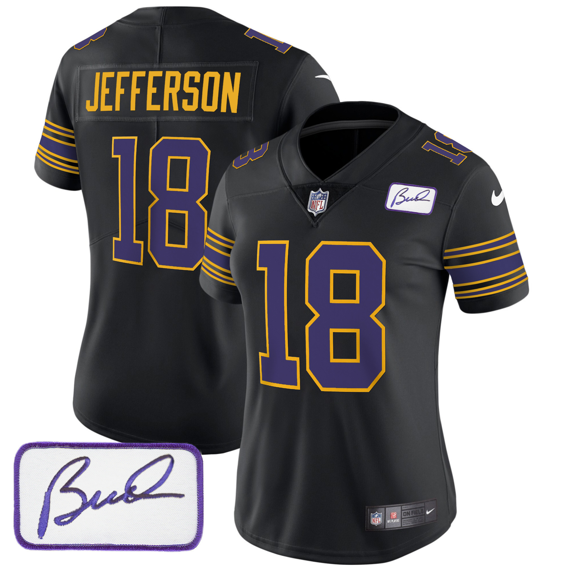 Justin Jefferson Women's Minnesota Vikings Bud Grant Patch Classic Limited Black Jersey - All Stitched