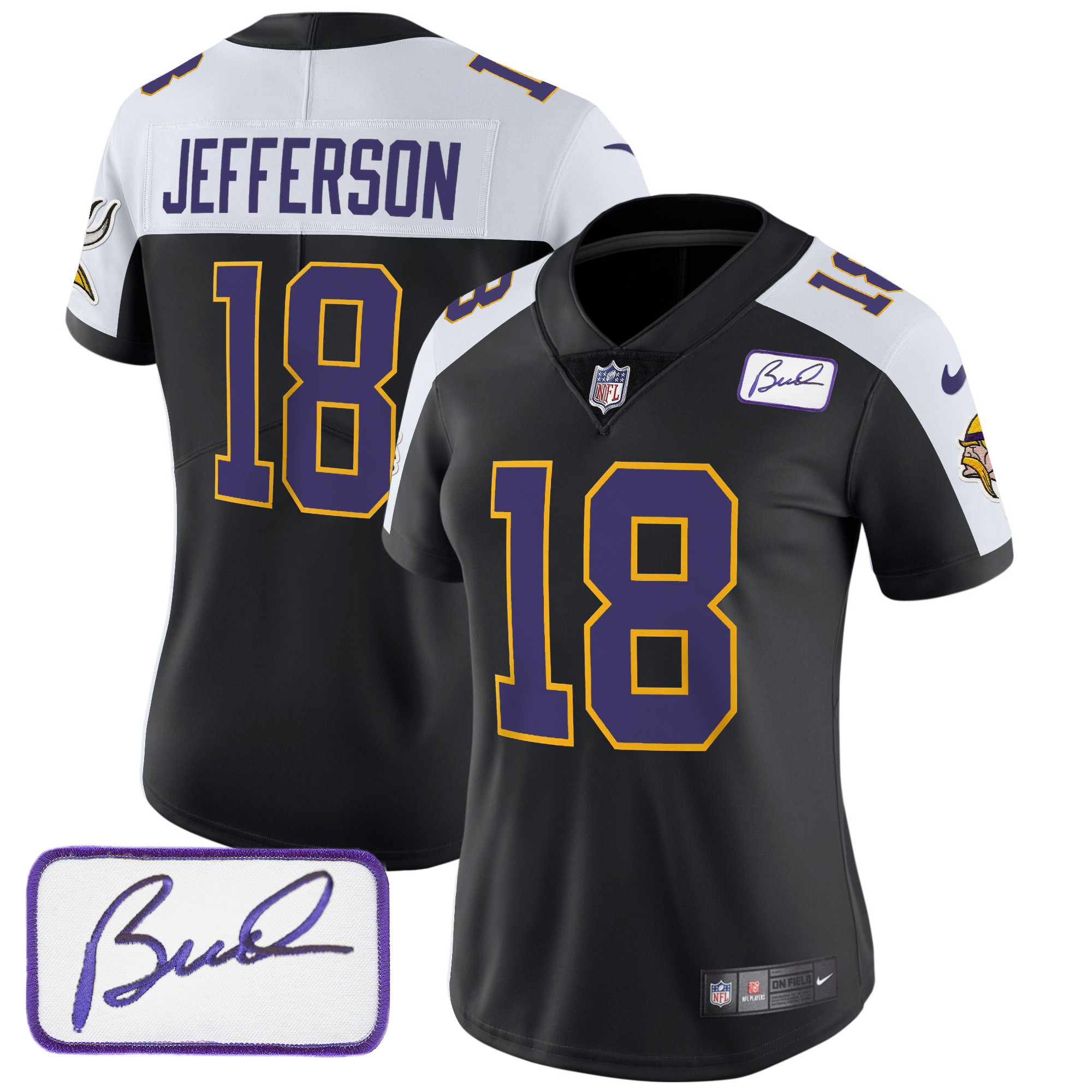 Justin Jefferson Women's Minnesota Vikings Bud Grant Patch Classic Limited V3 Black Alternate Jersey - All Stitched
