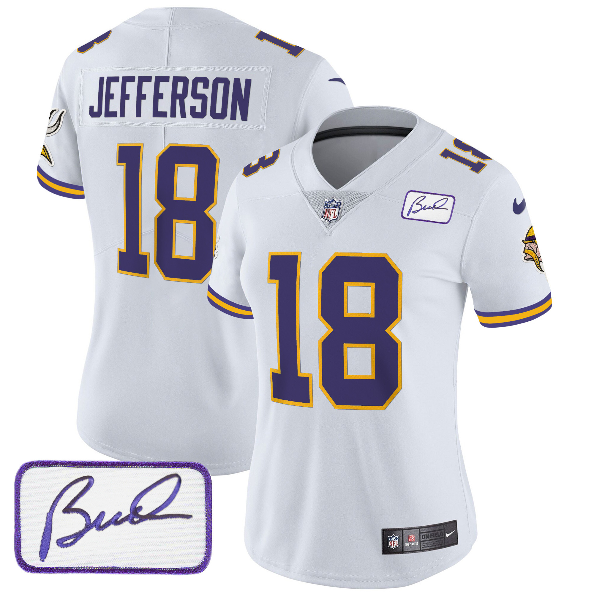 Justin Jefferson Women's Minnesota Vikings Bud Grant Patch Classic Limited V3 White Jersey - All Stitched