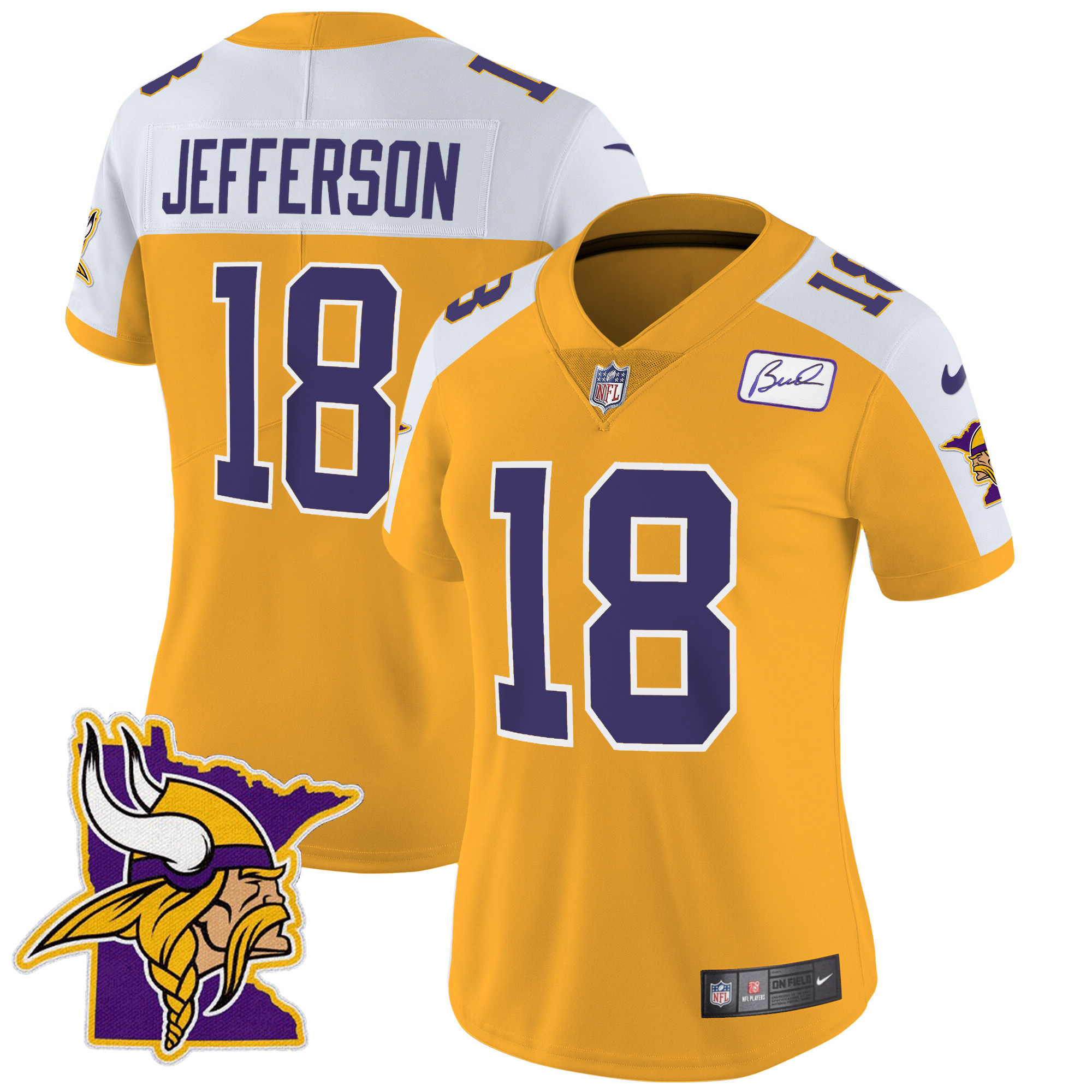 Justin Jefferson Women's Minnesota Vikings Bud Grant Patch Classic Limited V5 Gold Alternate Jersey - All Stitched