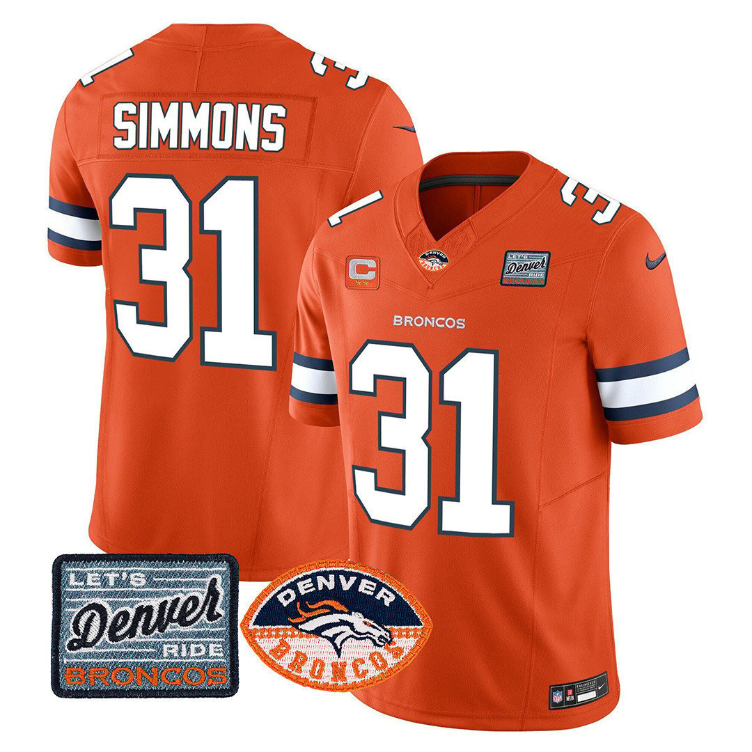 Justin Simmons Men's Denver Broncos Logo Patch Limited Orange Jersey - All Stitched 