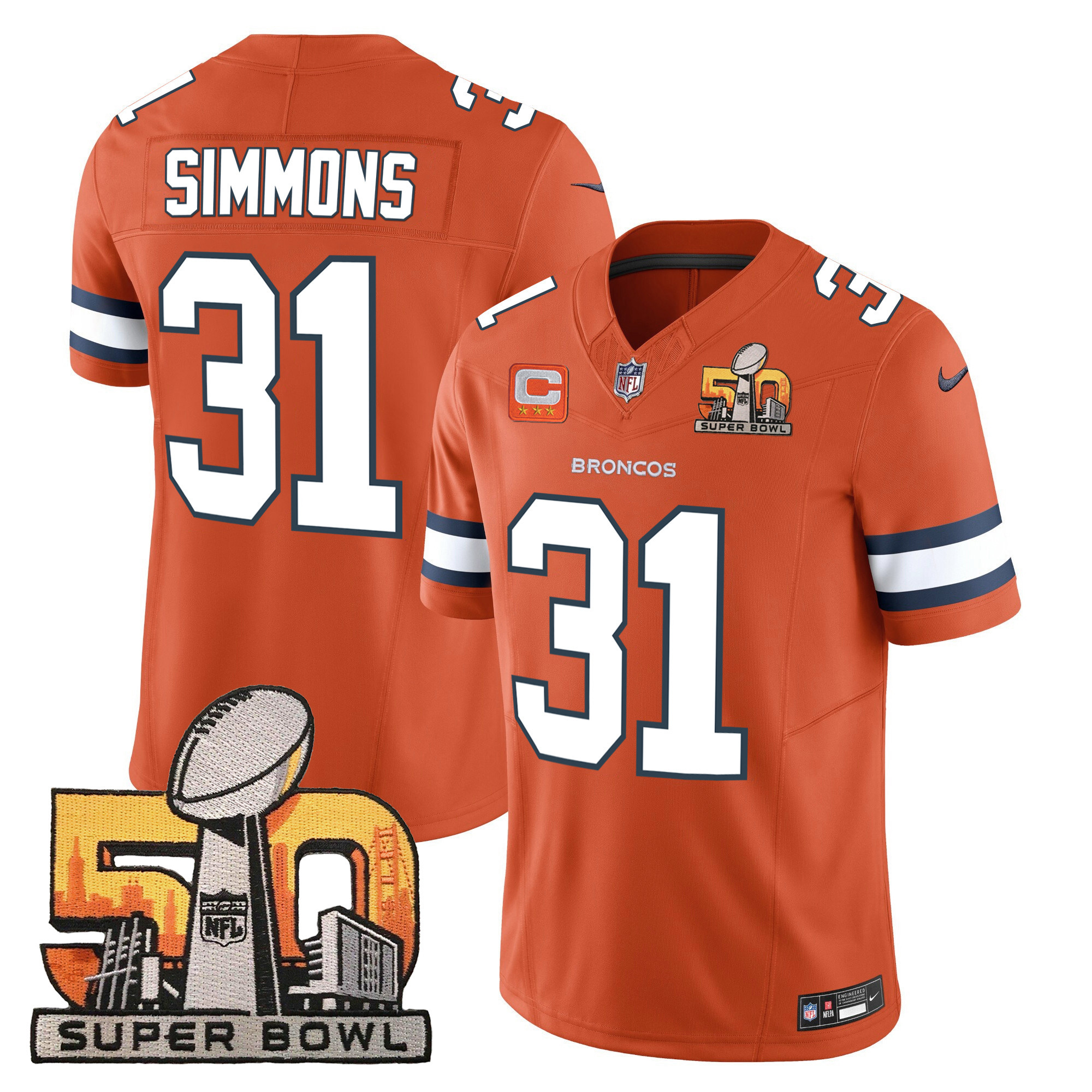 Justin Simmons Men's Denver Broncos Super Bowl 50 Patch Vapor Orange Jersey - All Stitched 
