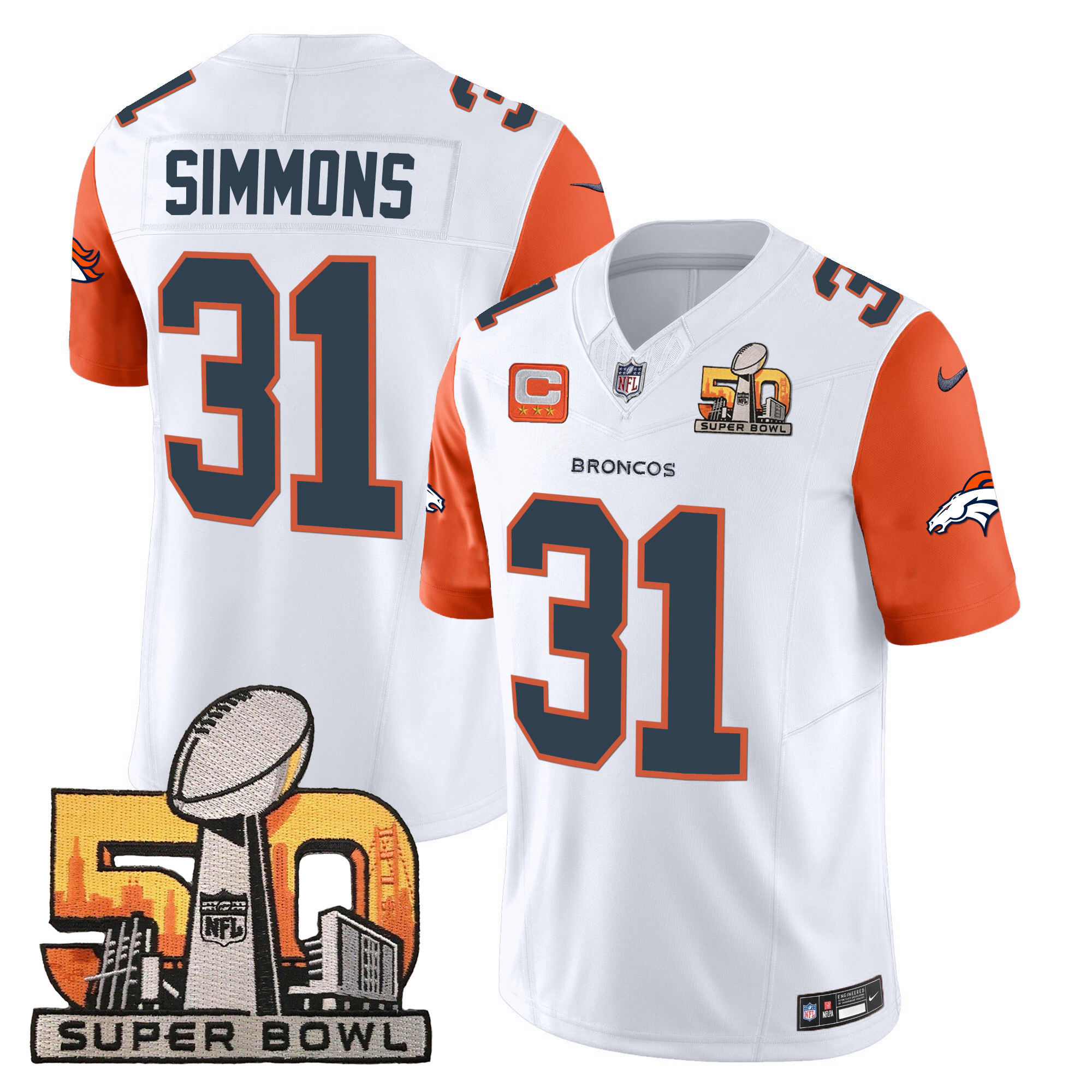 Justin Simmons Men's Denver Broncos Super Bowl 50 Patch Vapor Orange Sleeves Jersey - All Stitched 