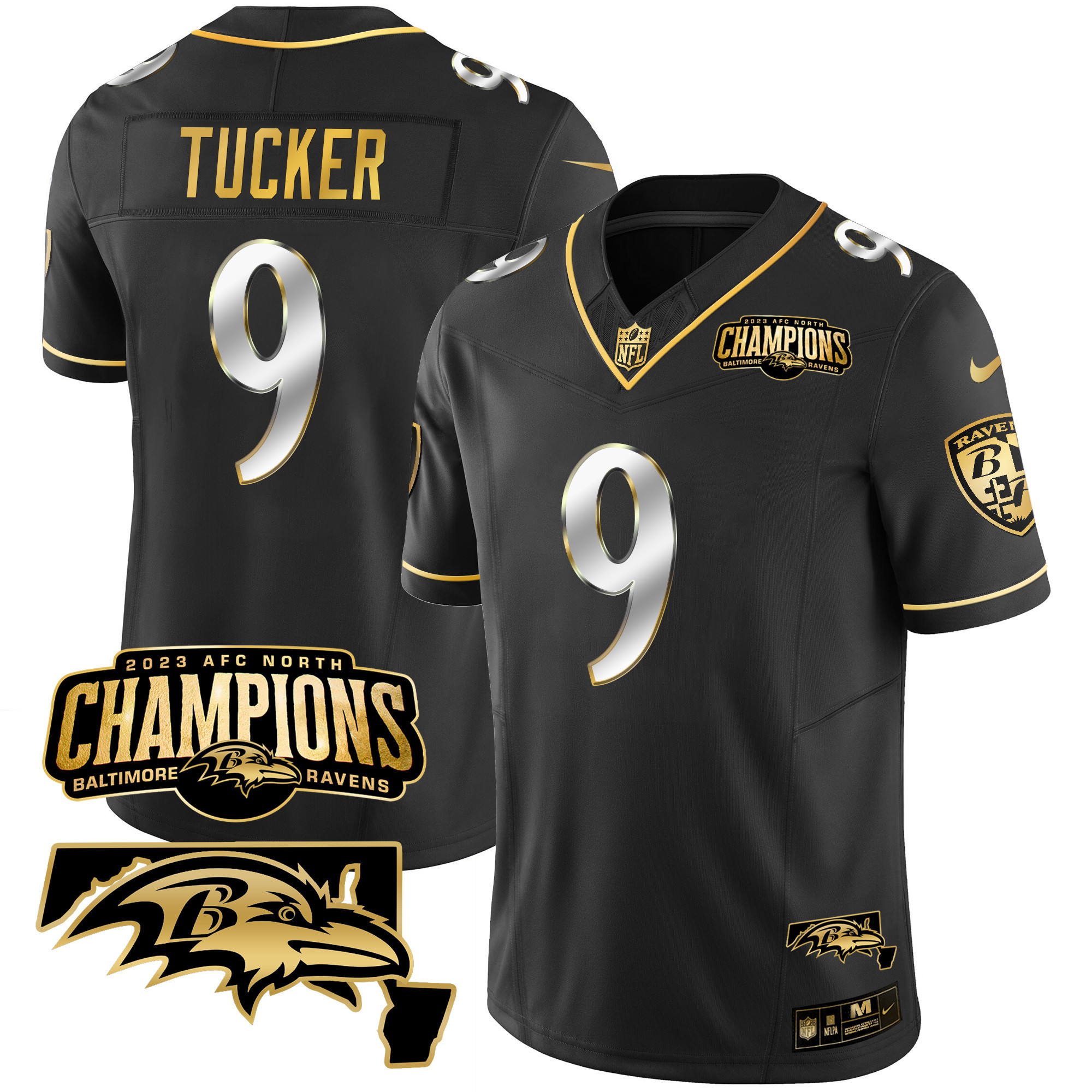 Justin Tucker Men's Baltimore Ravens 2023 Afc North Champions Maryland Patch Gold Vapor Black Limited Jersey All Stitched