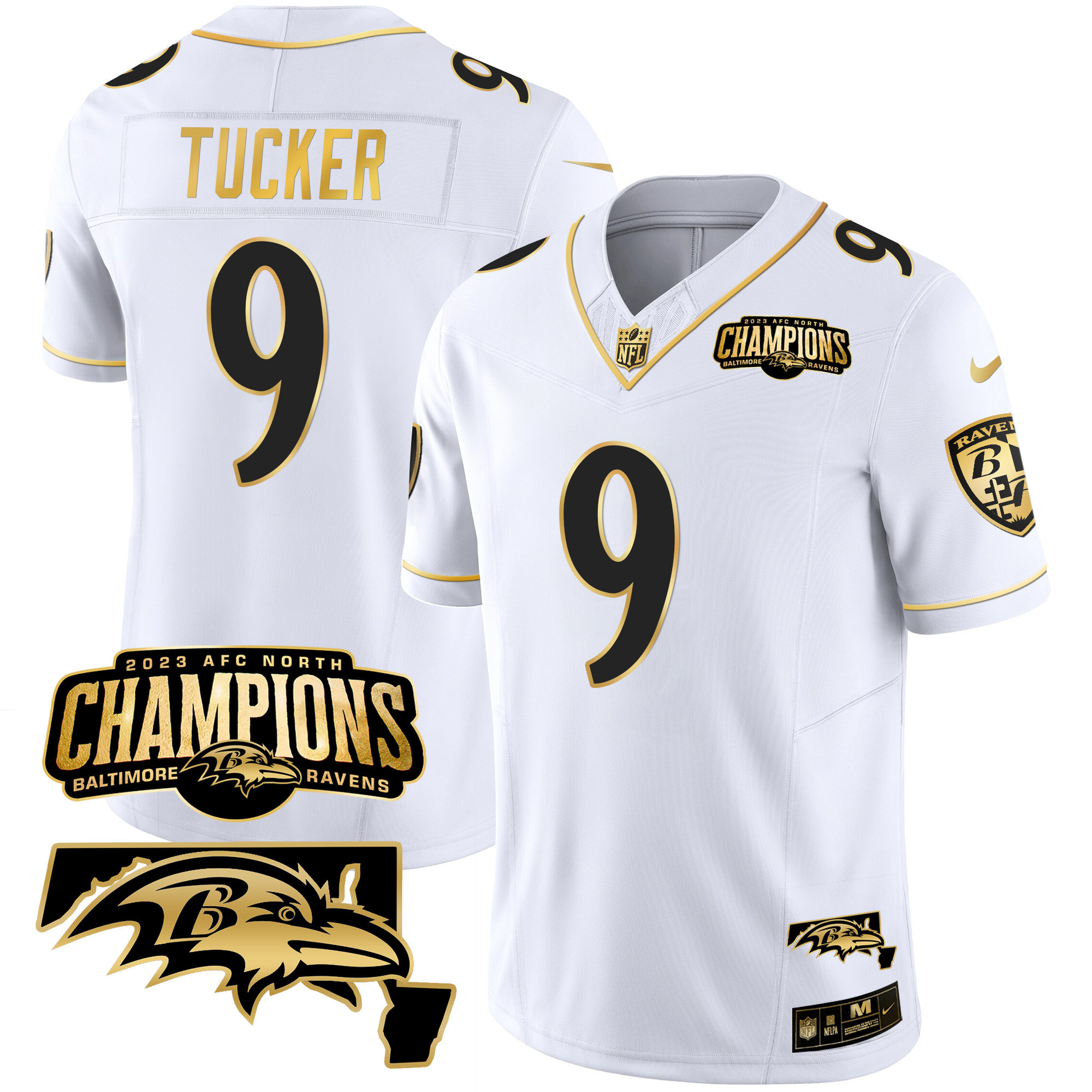 Justin Tucker Men's Baltimore Ravens 2023 Afc North Champions Maryland Patch Gold Vapor White Gold Jersey All Stitched