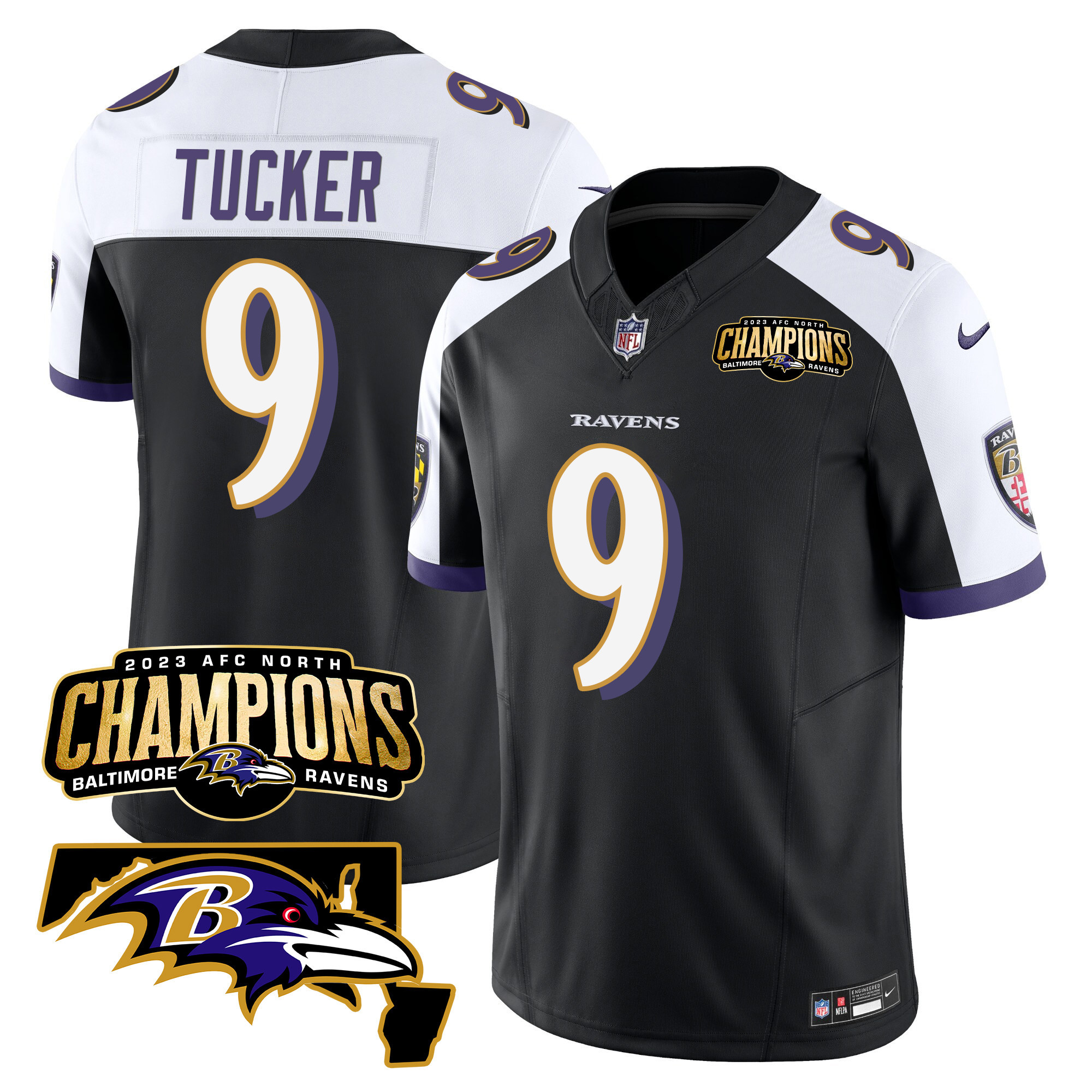 Justin Tucker Men's Baltimore Ravens 2023 Afc North Champions Maryland Patch Vapor Black Alternate Jersey All Stitched