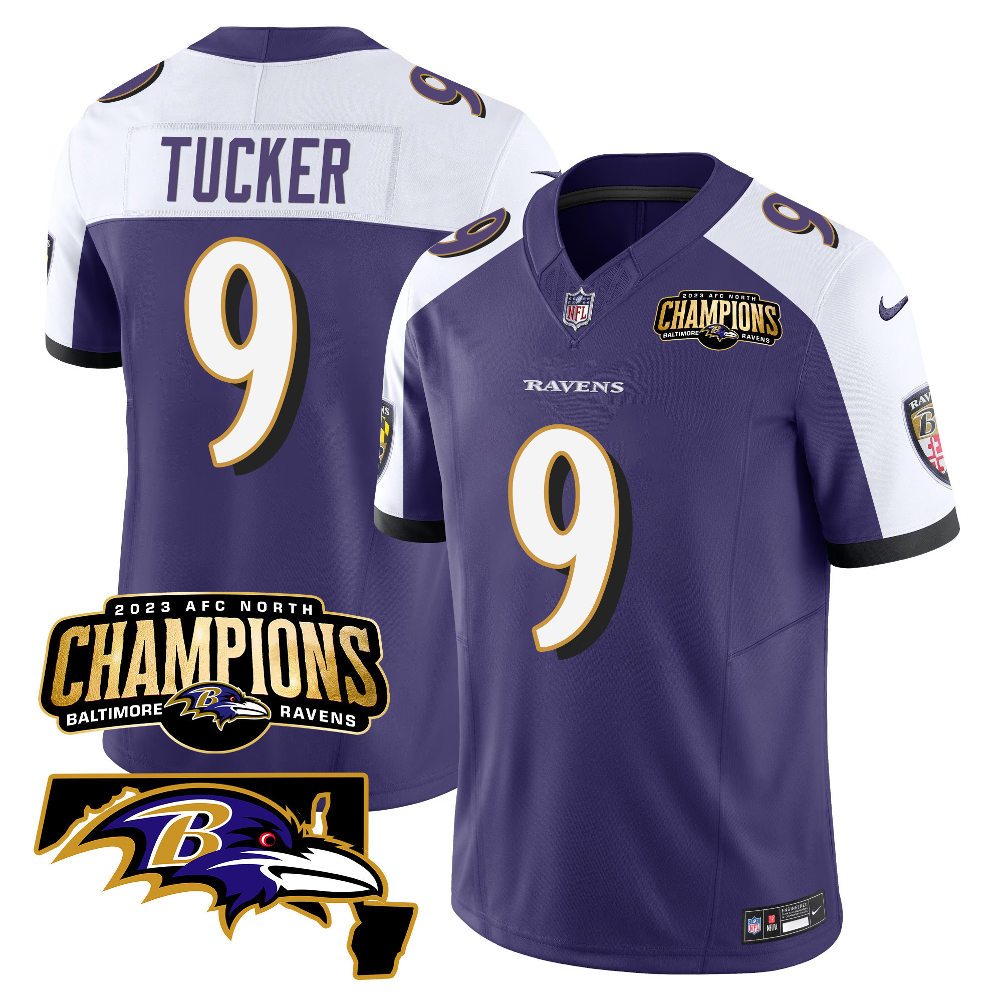 Justin Tucker Men's Baltimore Ravens 2023 Afc North Champions Maryland Patch Vapor Purple Alternate Jersey All Stitched