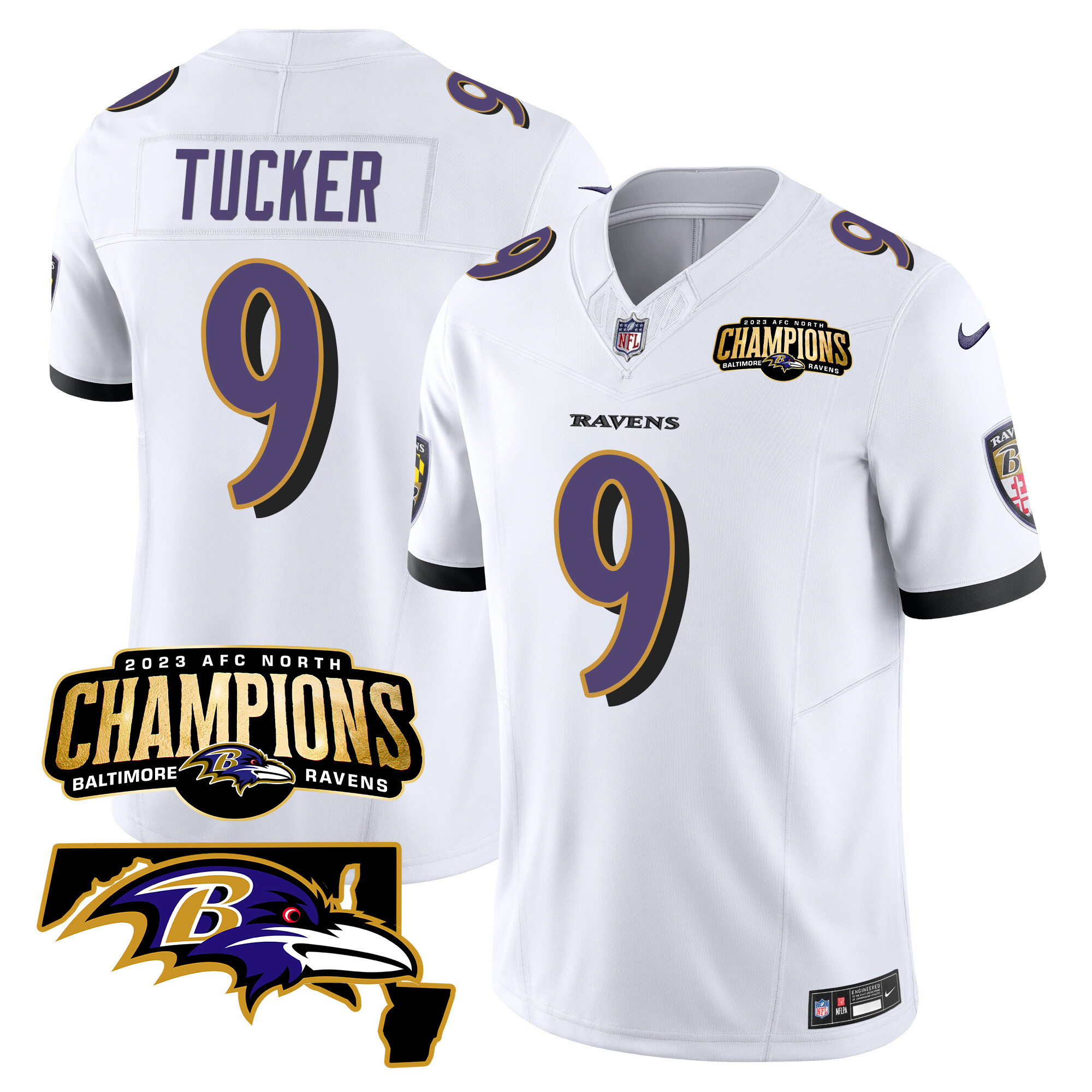 Justin Tucker Men's Baltimore Ravens 2023 Afc North Champions Maryland Patch Vapor White Jersey All Stitched