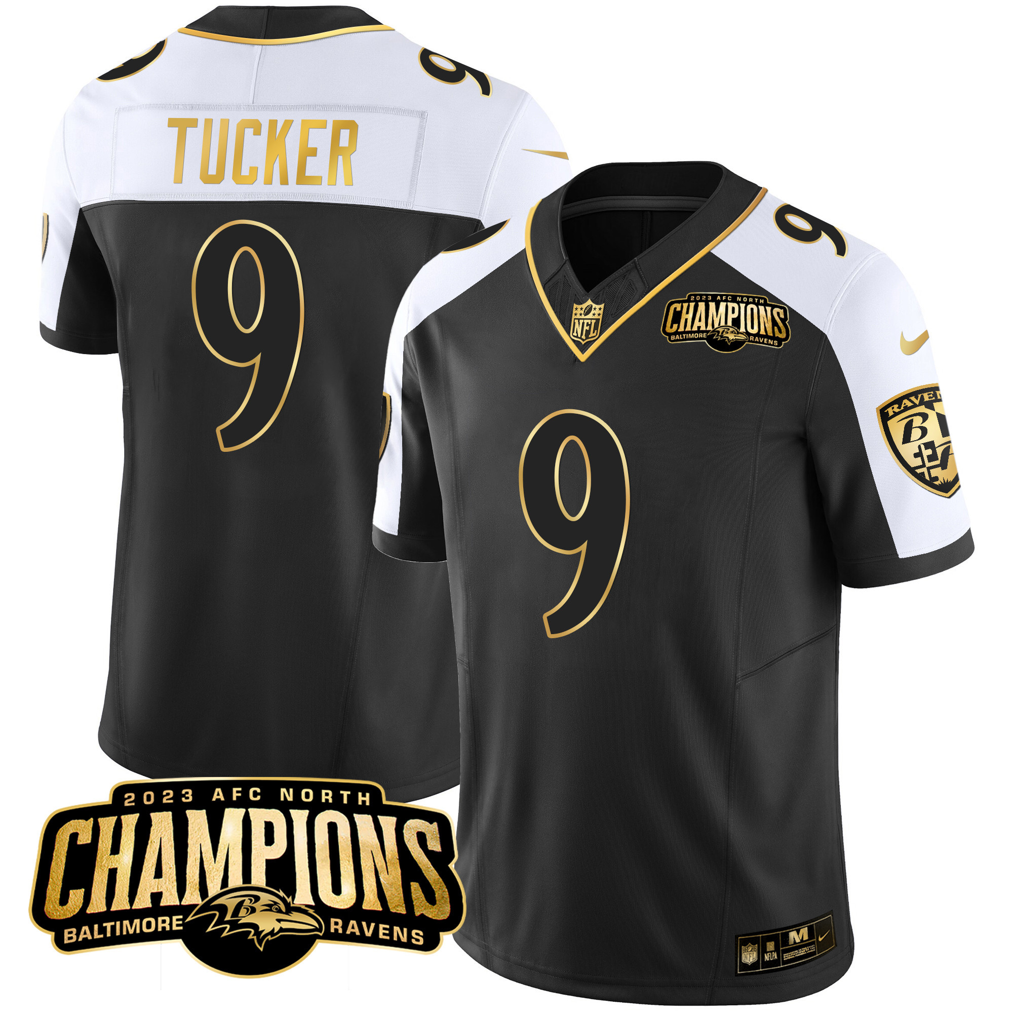 Justin Tucker Men's Baltimore Ravens 2023 Afc North Champions Patch Gold Vapor Alternate Jersey All Stitched
