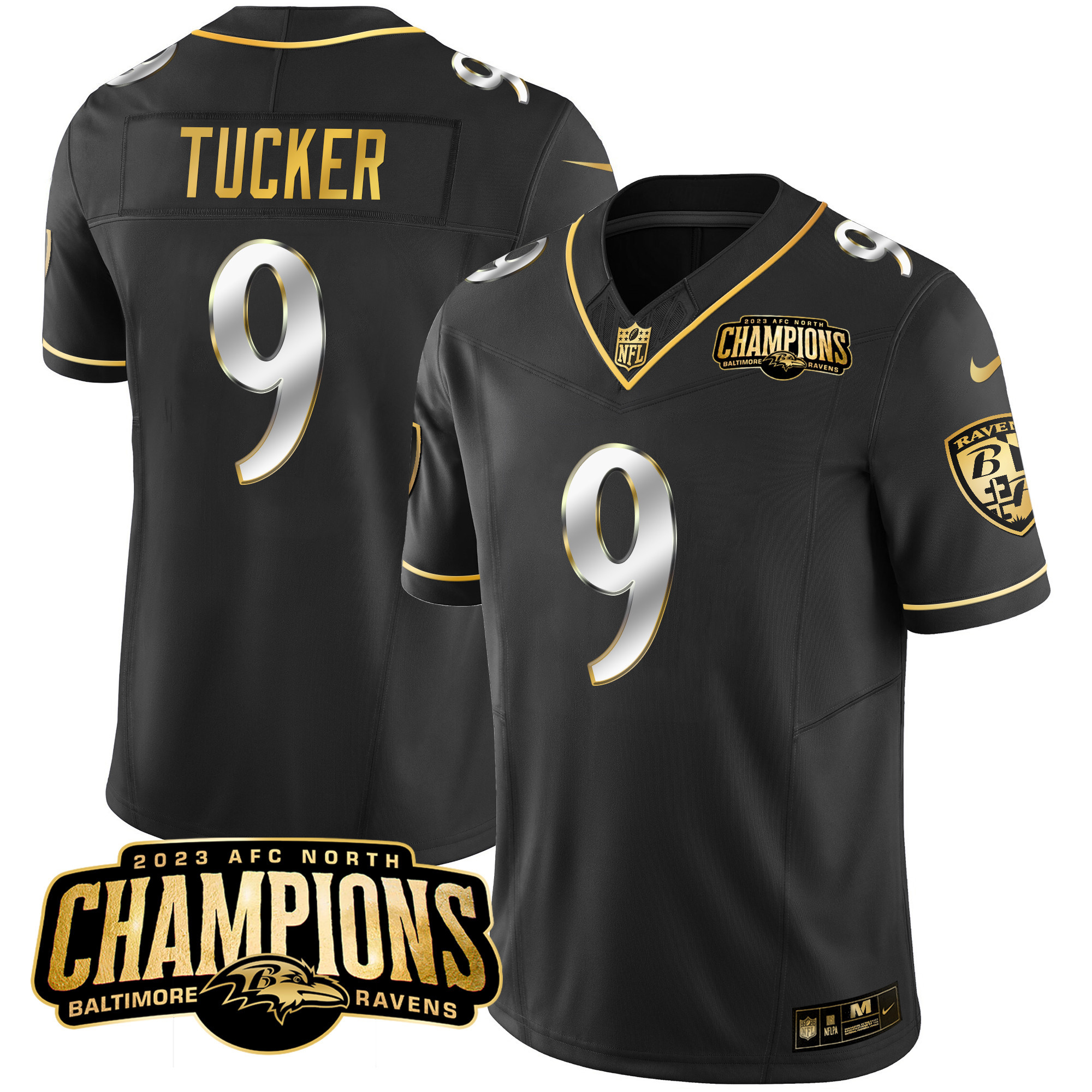 Justin Tucker Men's Baltimore Ravens 2023 Afc North Champions Patch Gold Vapor Black Limited Jersey All Stitched