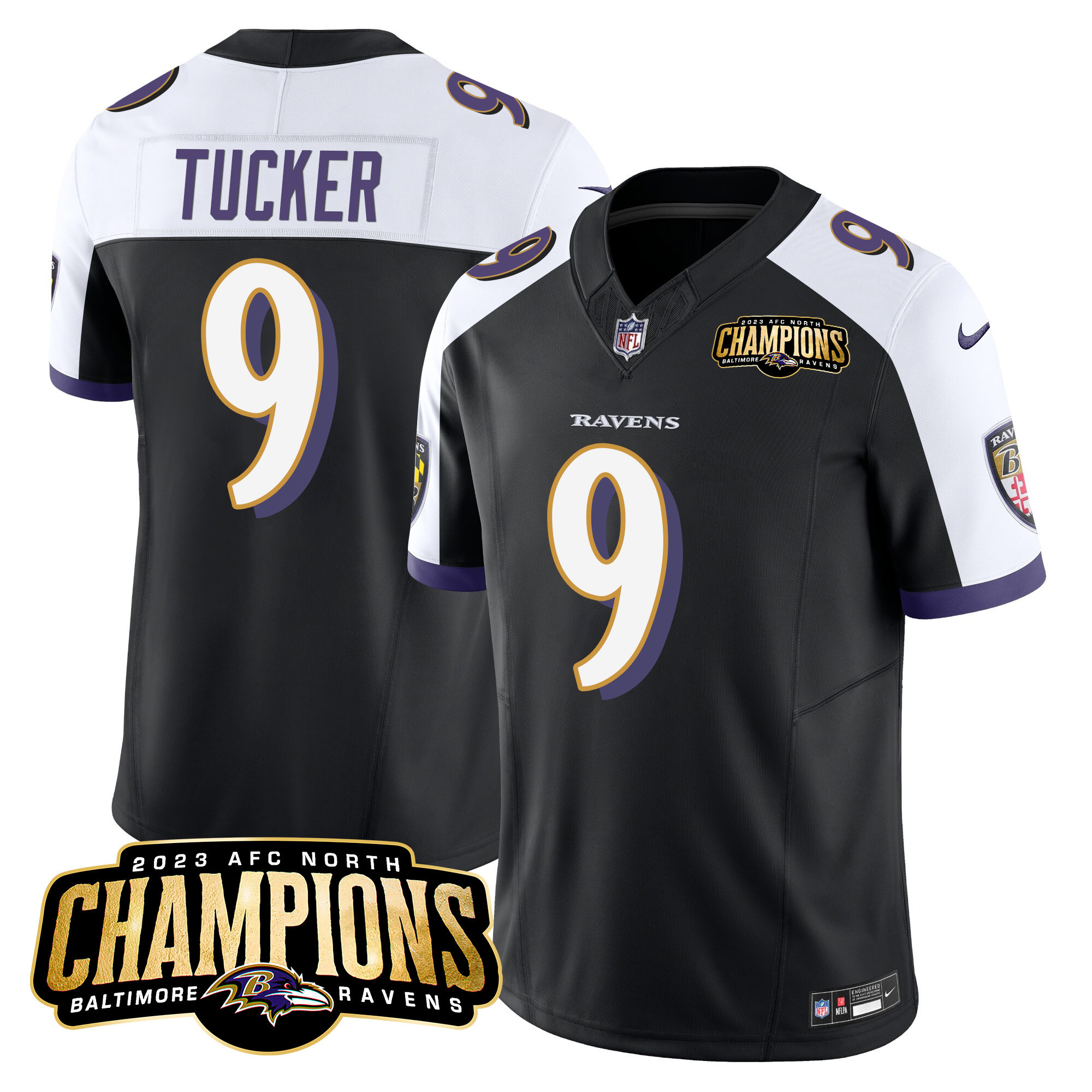 Justin Tucker Men's Baltimore Ravens 2023 Afc North Champions Patch Vapor Limited Black Alternate Jersey All Stitched