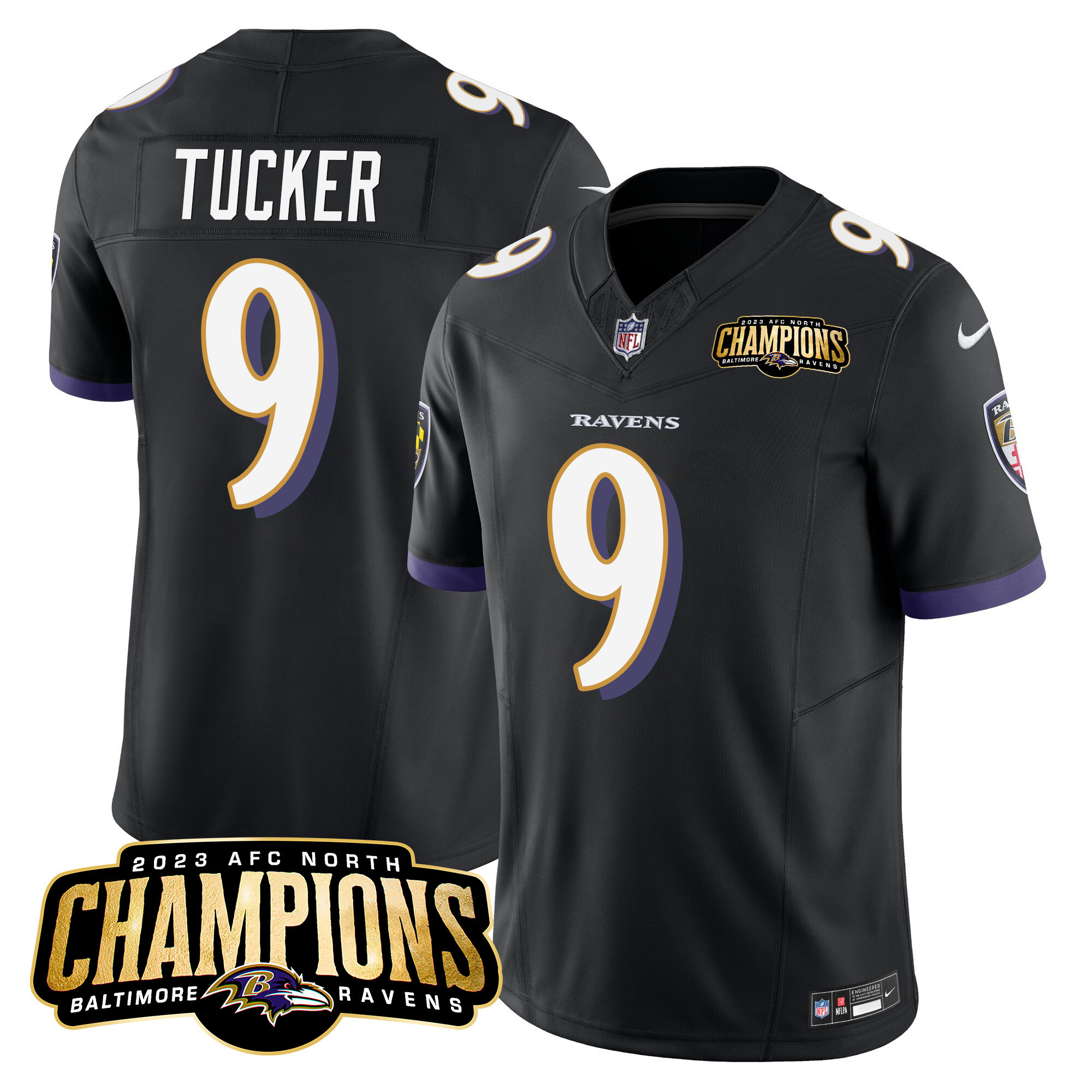 Justin Tucker Men's Baltimore Ravens 2023 Afc North Champions Patch Vapor Limited Black Jersey All Stitched