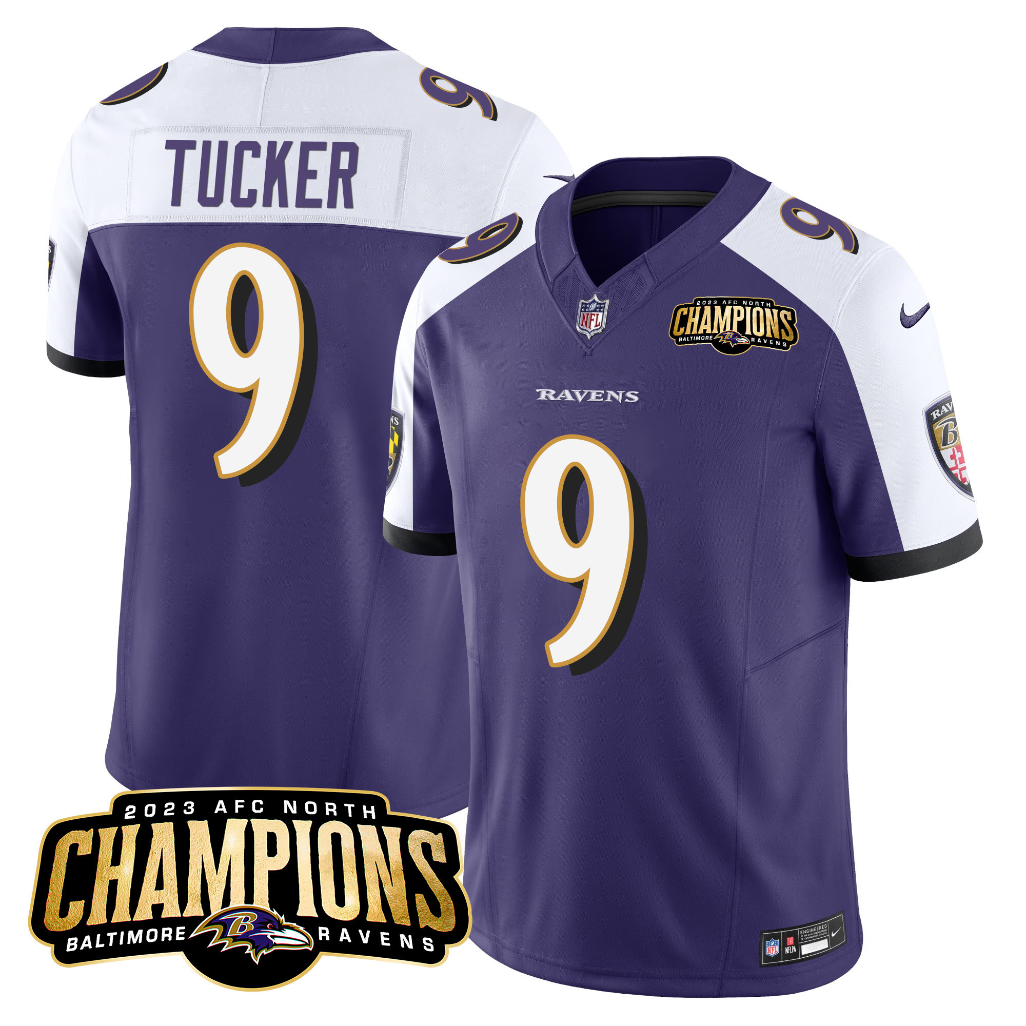 Justin Tucker Men's Baltimore Ravens 2023 Afc North Champions Patch Vapor Limited Purple Alternate Jersey All Stitched