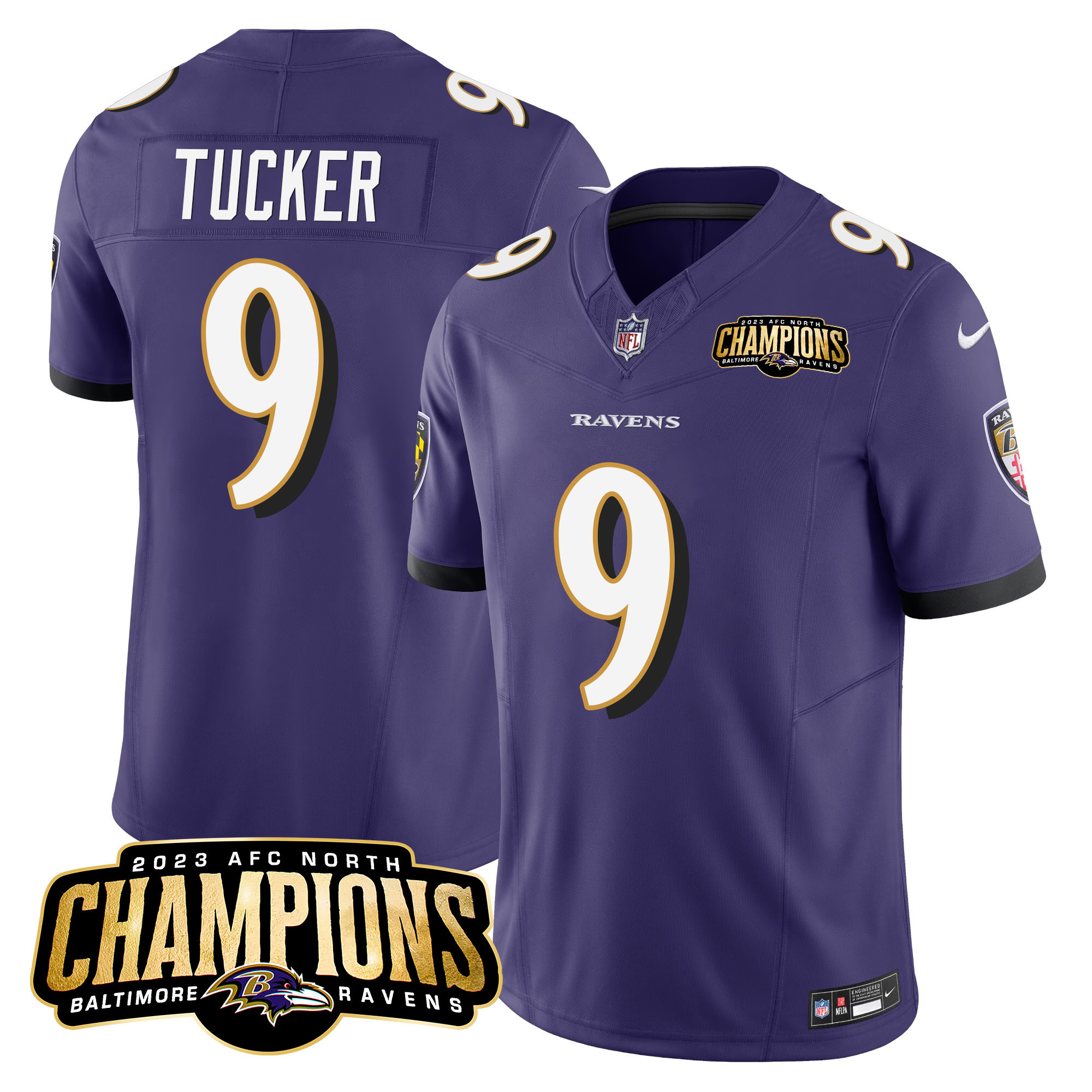 Justin Tucker Men's Baltimore Ravens 2023 Afc North Champions Patch Vapor Limited Purple Jersey All Stitched