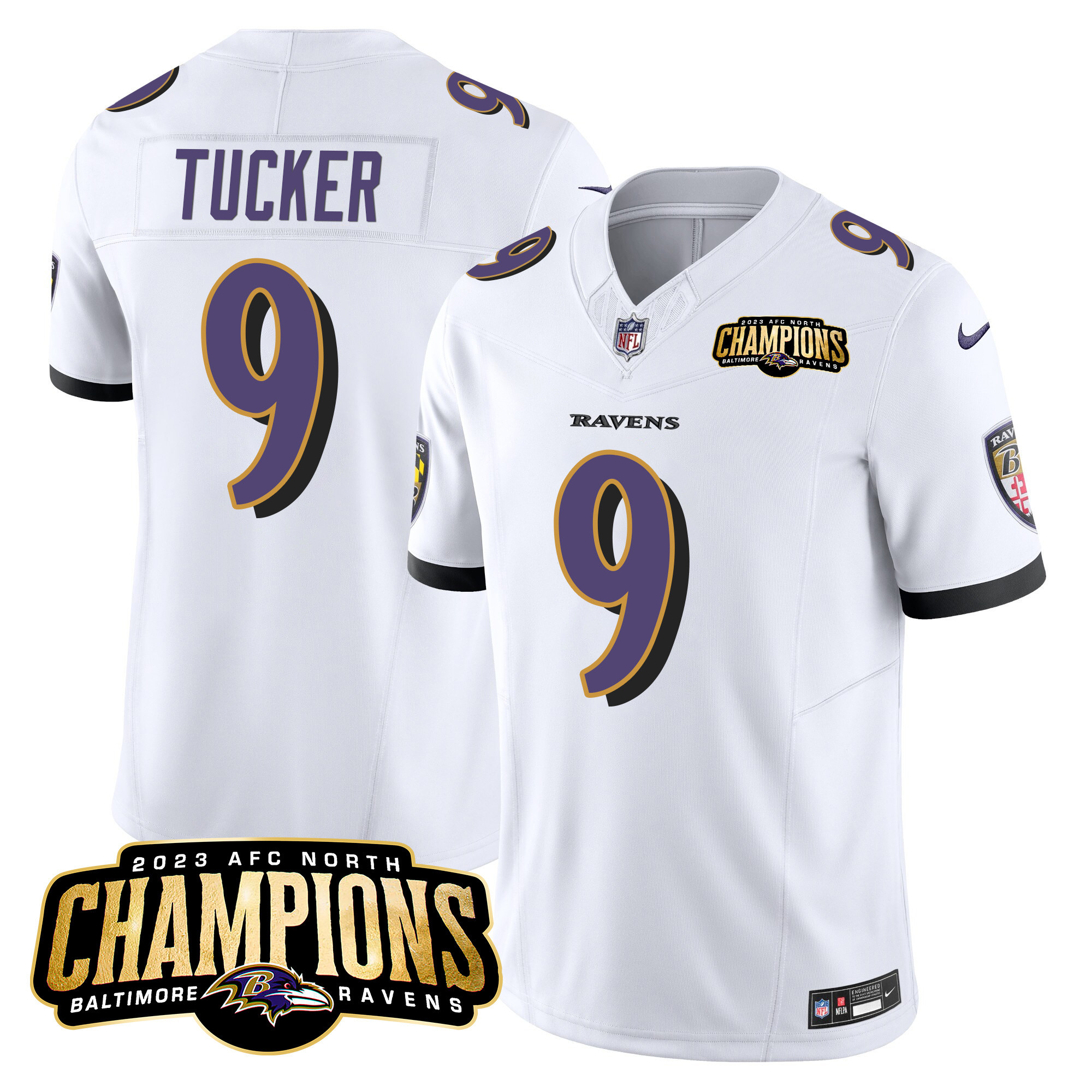 Justin Tucker Men's Baltimore Ravens 2023 Afc North Champions Patch Vapor Limited White Jersey All Stitched