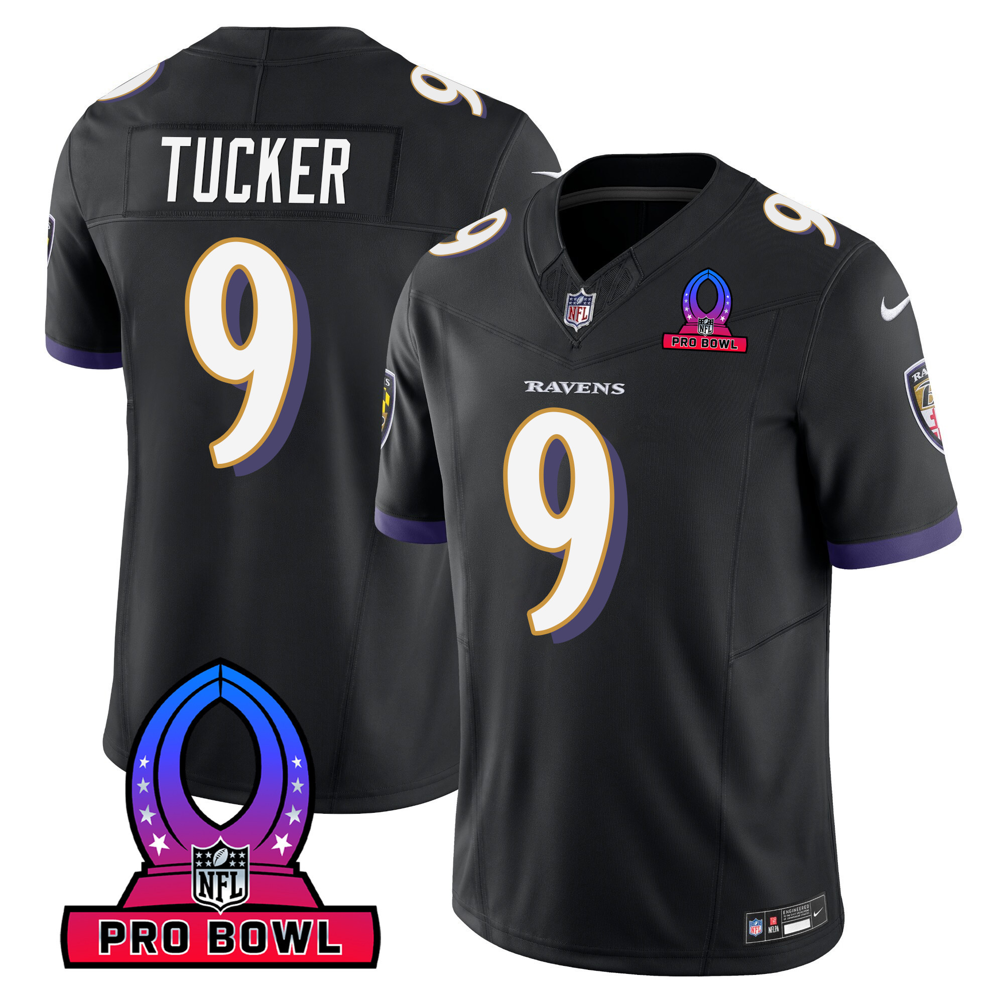 Justin Tucker Men's Baltimore Ravens 2024 Pro Bowl Patch Vapor Black Jersey All Stitched