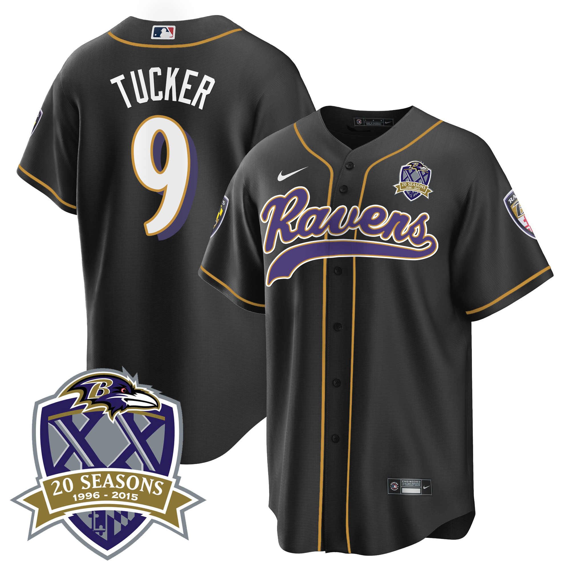 Justin Tucker Men's Baltimore Ravens 20Th Season Patch Baseball Black Jersey All Stitched