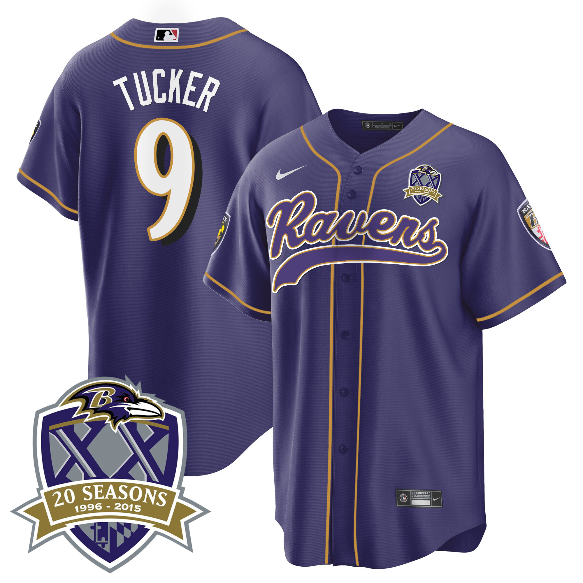 Justin Tucker Men's Baltimore Ravens 20Th Season Patch Baseball Purple Jersey All Stitched
