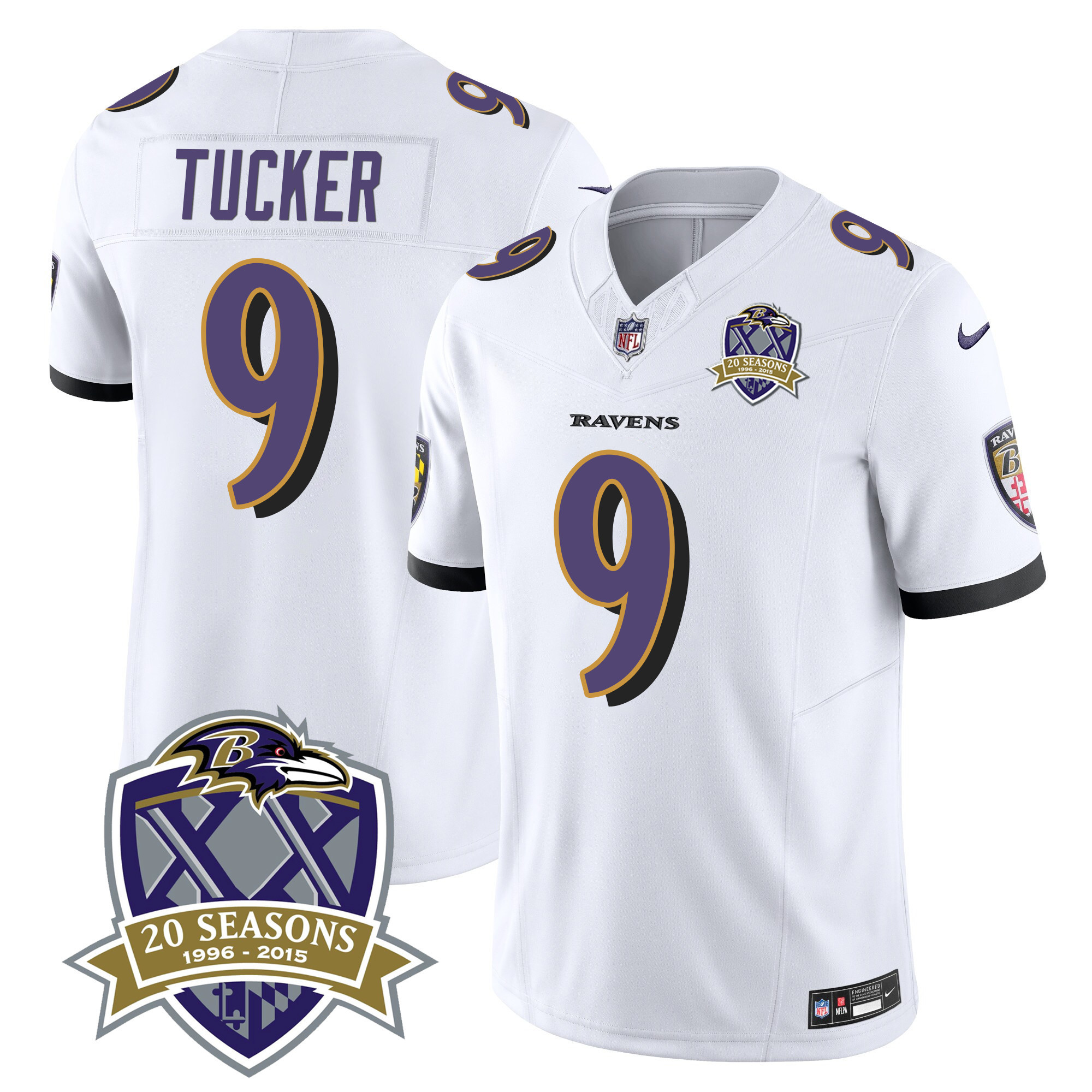 Justin Tucker Men's Baltimore Ravens 20Th Season Patch Vapor Limited White Jersey All Stitched