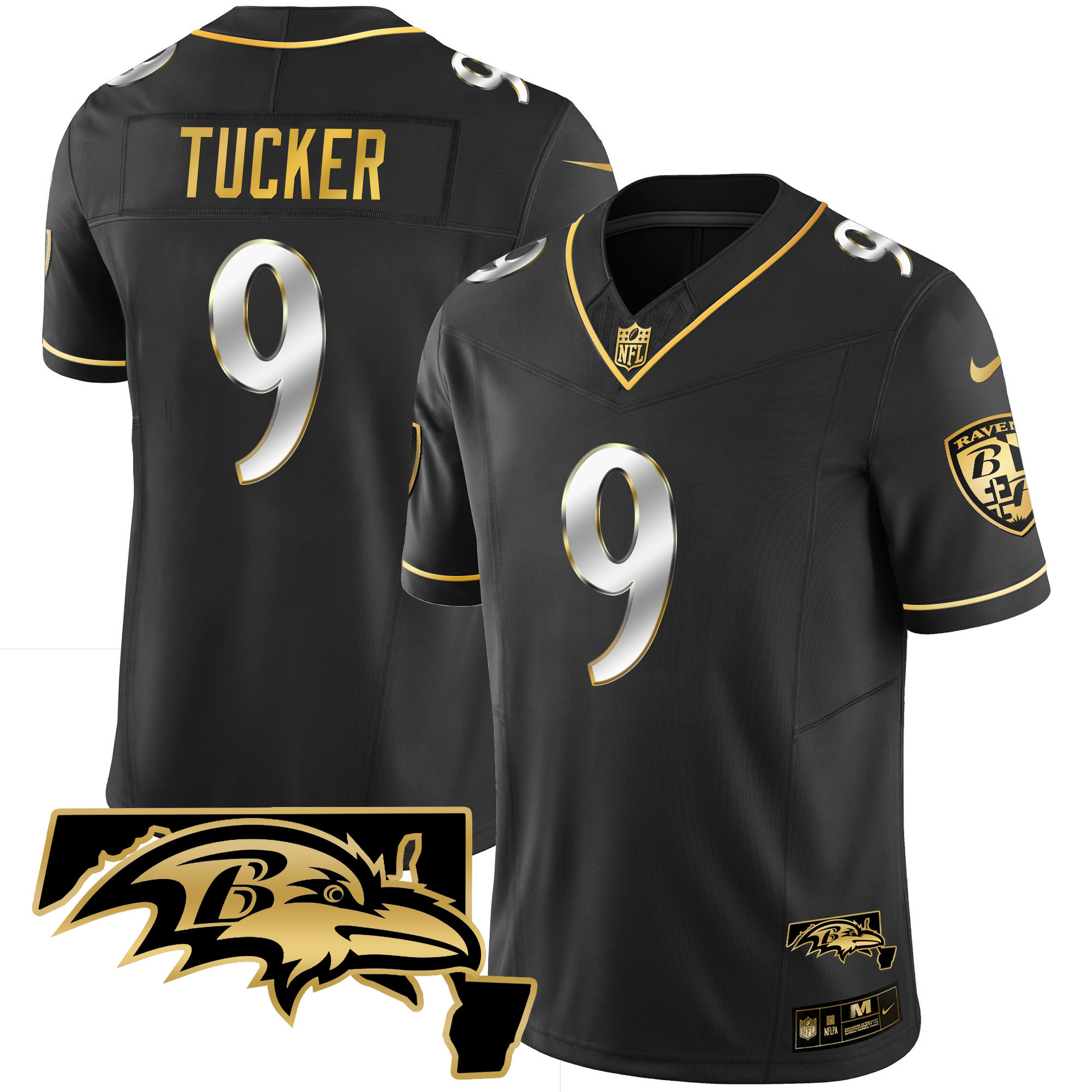 Justin Tucker Men's Baltimore Ravens Maryland Patch Vapor Gold Black Limited Jersey All Stitched
