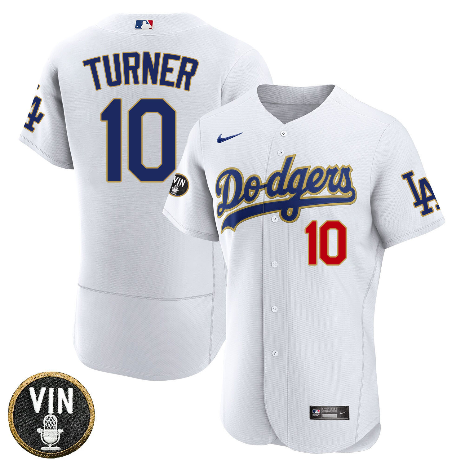 Justin Turner Los Angeles Dodgers Vin Scully Patch Gold Trim Player - White Jersey - All Stitched