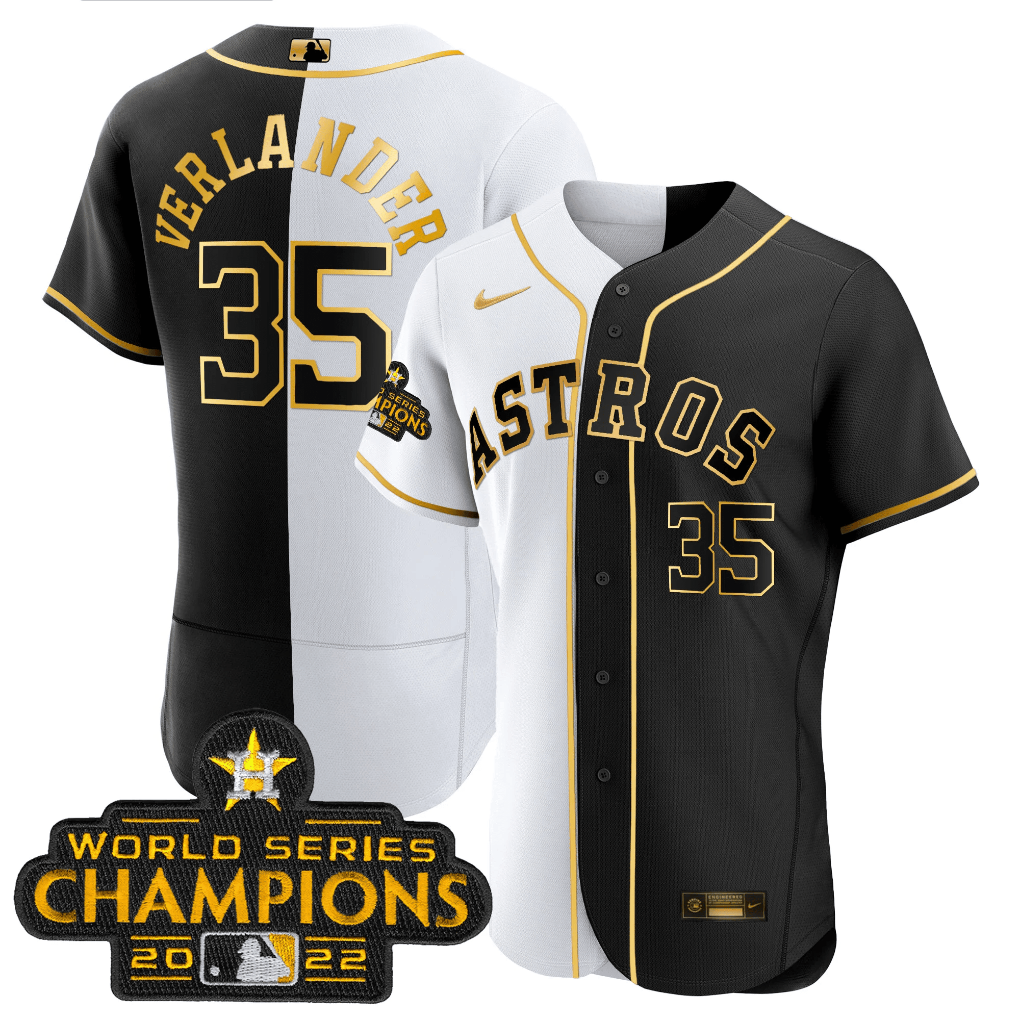 Justin Verlander Houston Astros 2023 Flex Base Split Black & White Gold Jersey - All Stitched