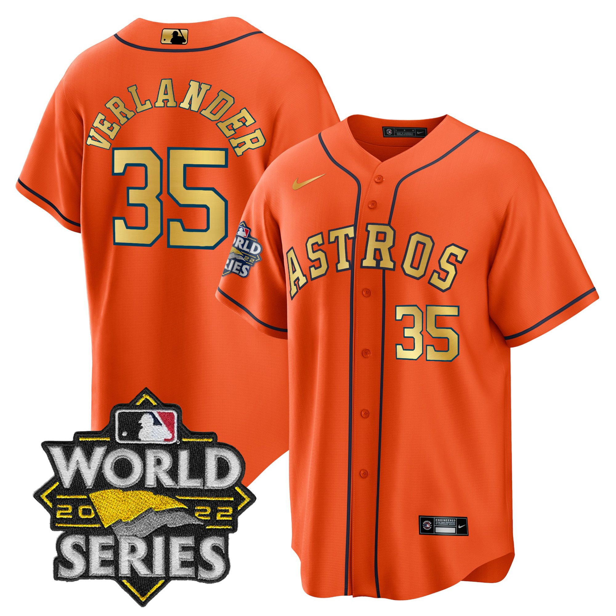 Justin Verlander Houston Astros 2023 World Series Orange Gold Jersey - All Stitched