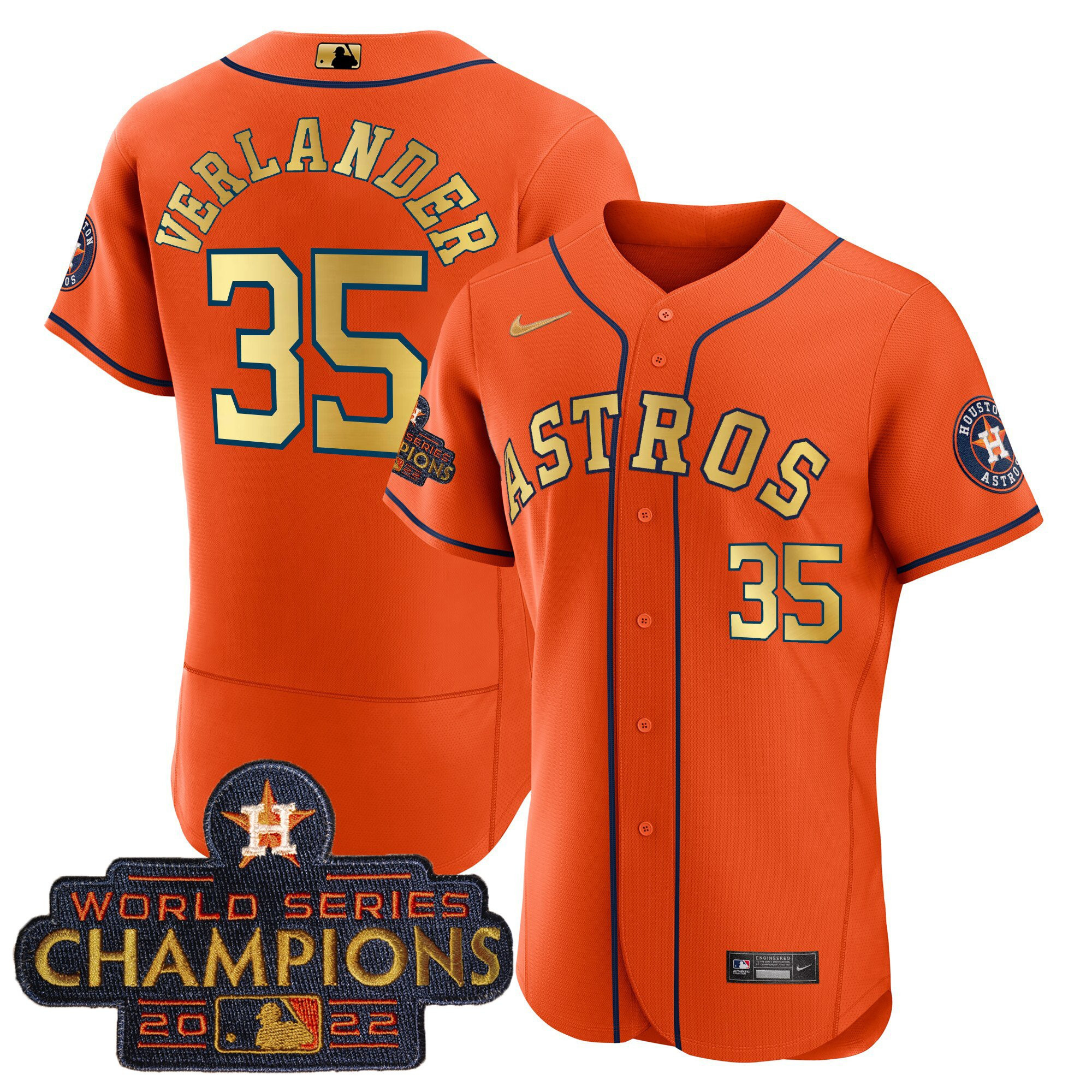 Justin Verlander Men's Houston Astros 2023 Champions Orange Gold Flex Base Jersey - All Stitched