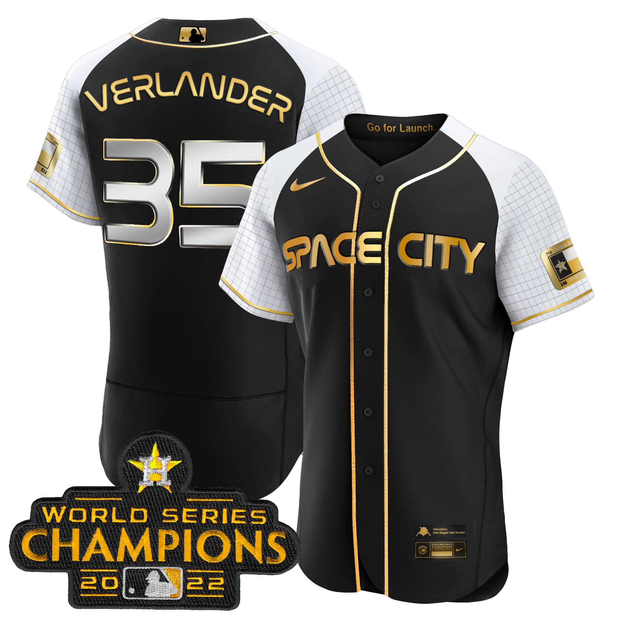 Justin Verlander Men's Houston Astros 2023 Space City Champions Alternate Flex Black Gold Jersey - All Stitched