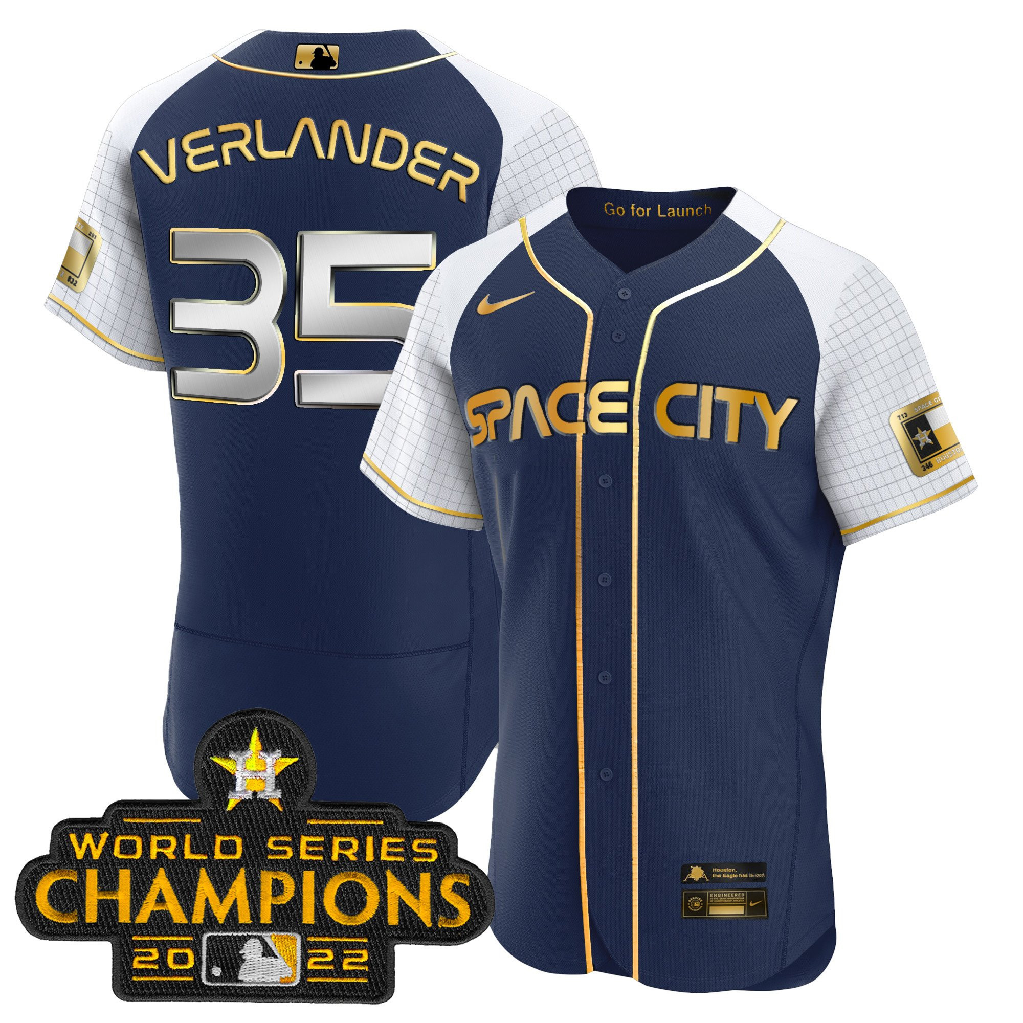 Justin Verlander Men's Houston Astros 2023 Space City Champions Alternate Navy Flex Navy Gold Jersey - All Stitched