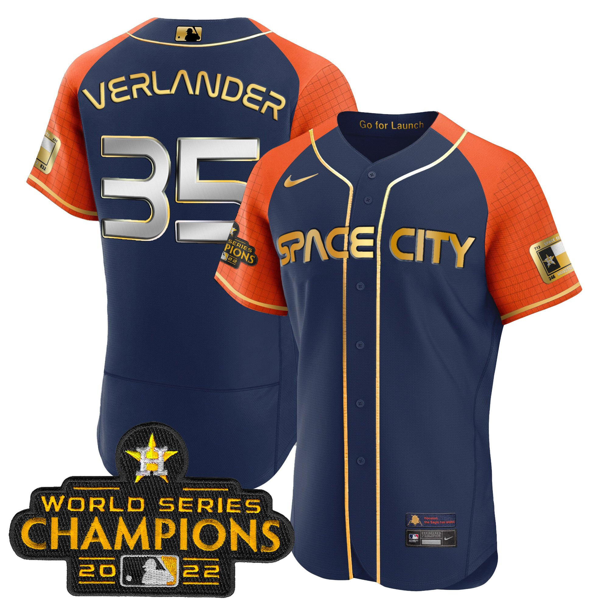 Justin Verlander Men's Houston Astros 2023 Space City Champions Alternate Navy Flex Navy Orange Jersey - All Stitched