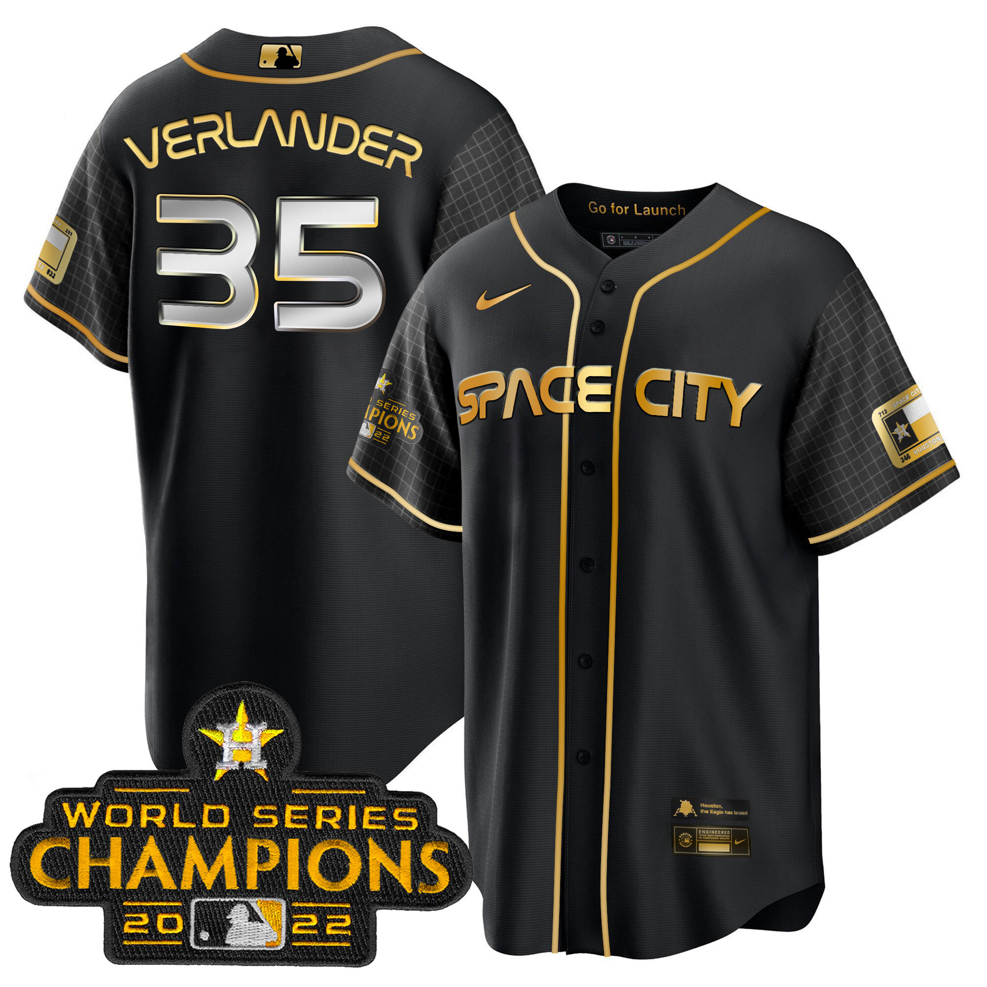 Justin Verlander Men's Houston Astros 2023 Space City Champions Cool Black Gold Jersey - All Stitched