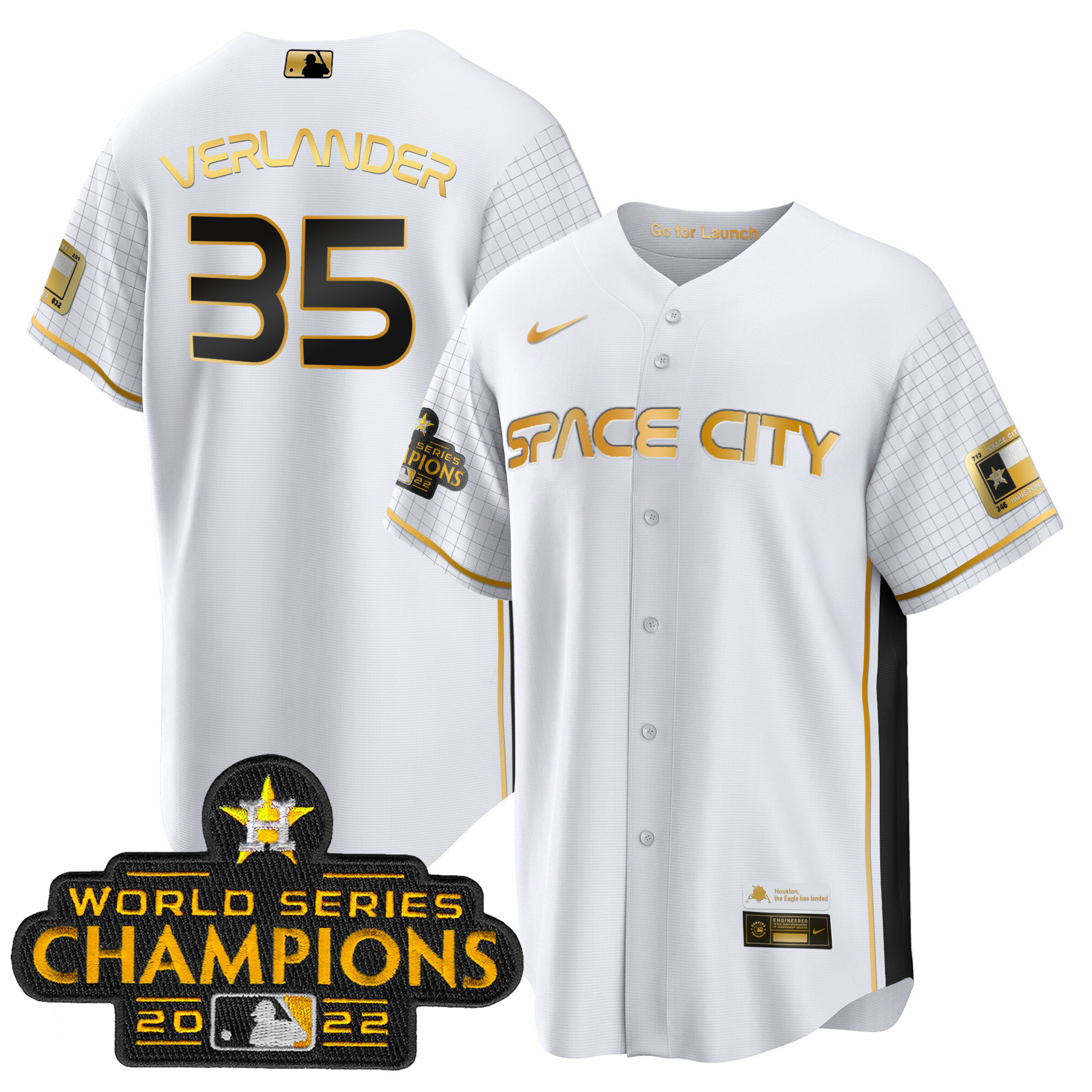 Justin Verlander Men's Houston Astros 2023 Space City Champions Cool Special White Gold Jersey - All Stitched