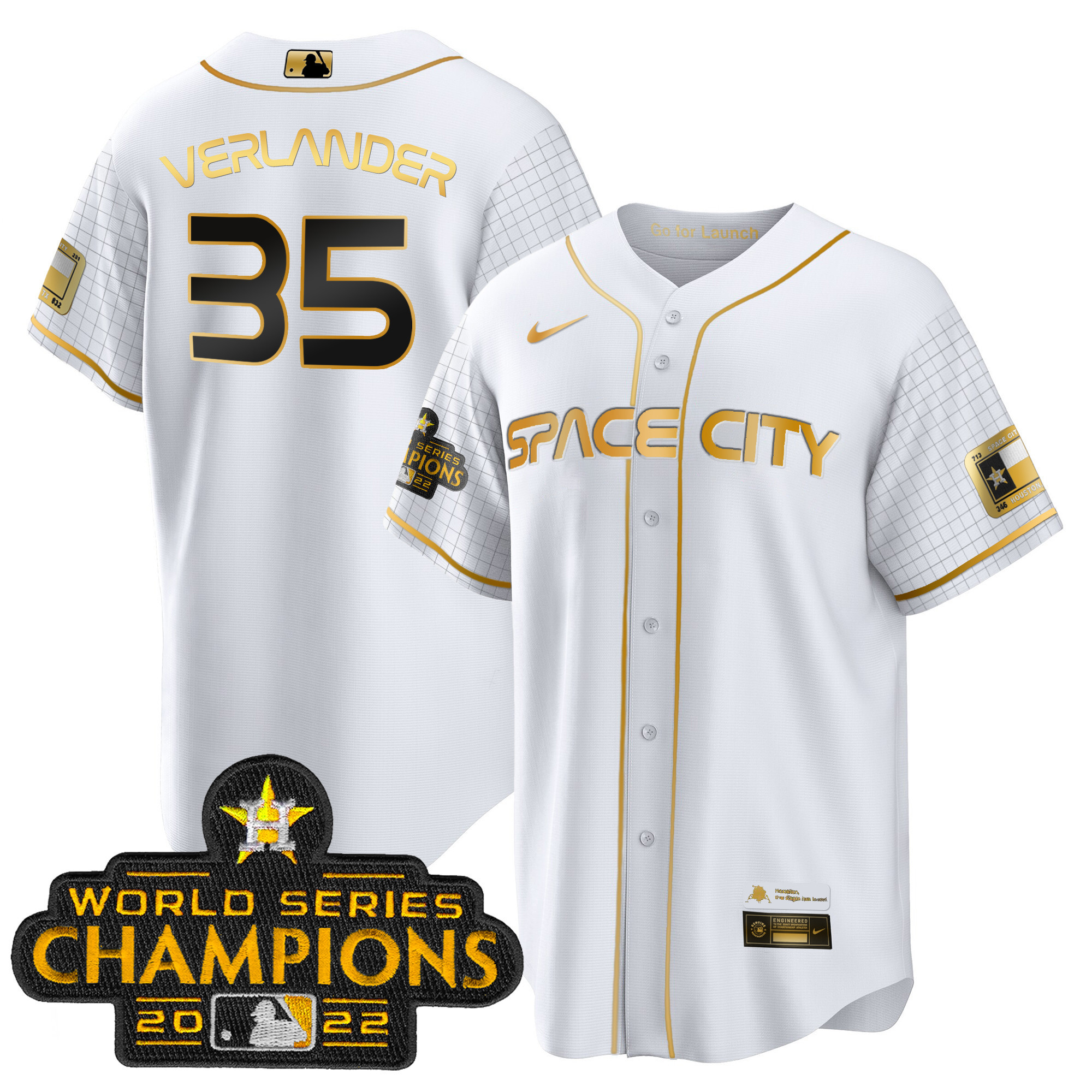 Justin Verlander Men's Houston Astros 2023 Space City Champions Cool White Gold Jersey - All Stitched