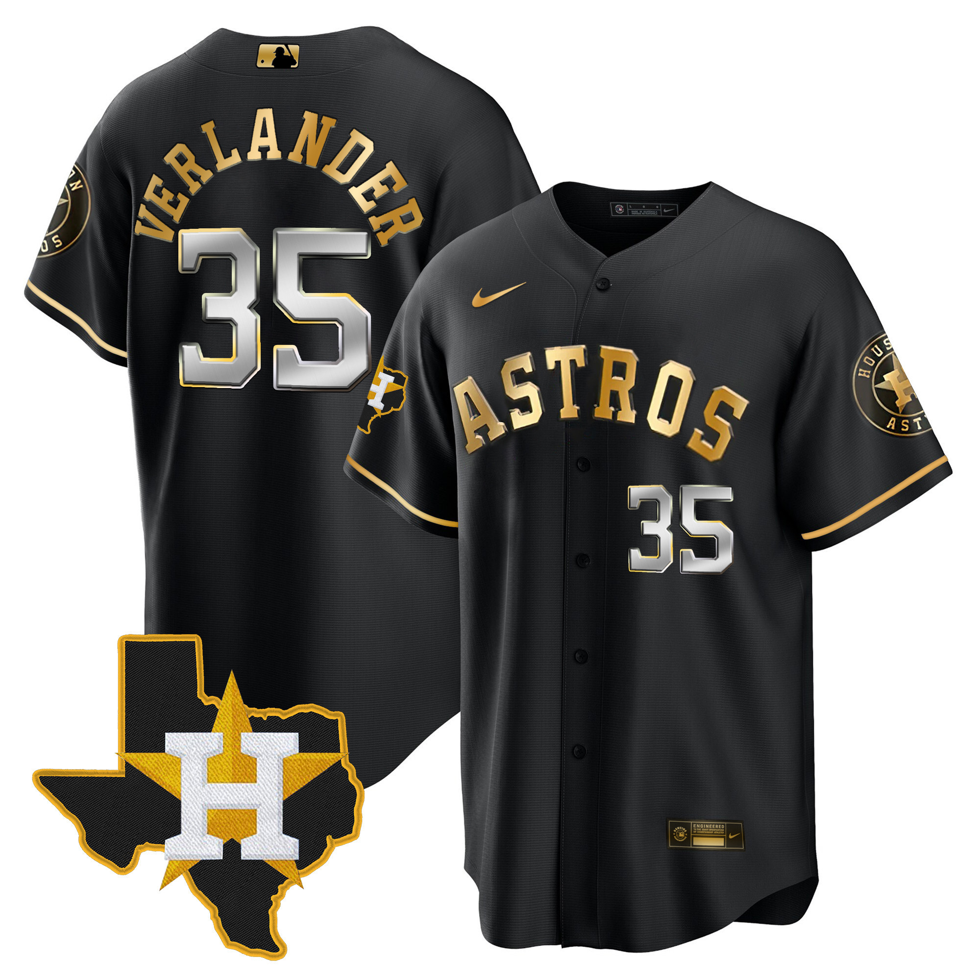 Justin Verlander Men's Houston Astros 2024 Gold - Texas Patch Cool Black Jersey - All Stitched