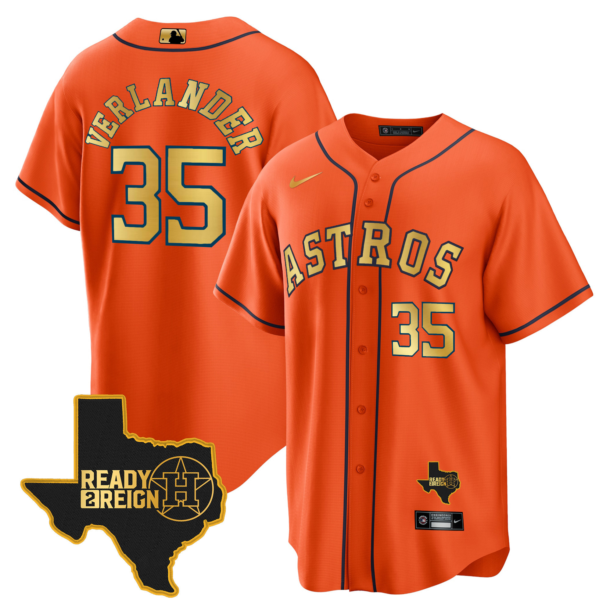Justin Verlander Men's Houston Astros 2024 Ready 2 Reign Cool Base Orange Gold Jersey - All Stitched
