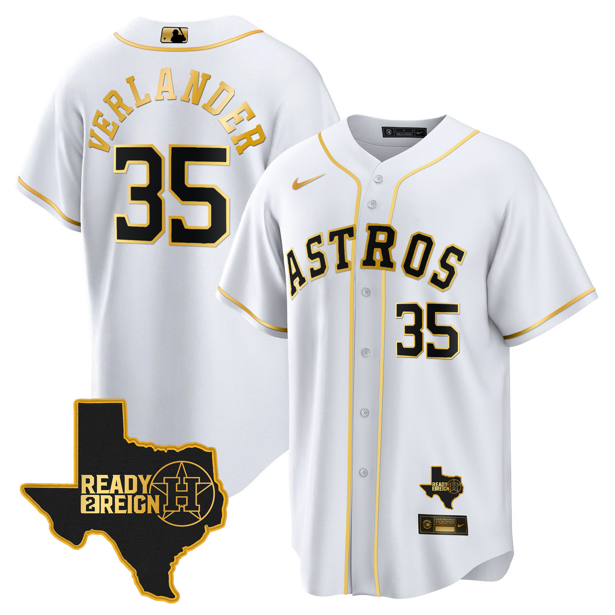 Justin Verlander Men's Houston Astros 2024 Ready 2 Reign Cool Base White Gold Jersey - All Stitched
