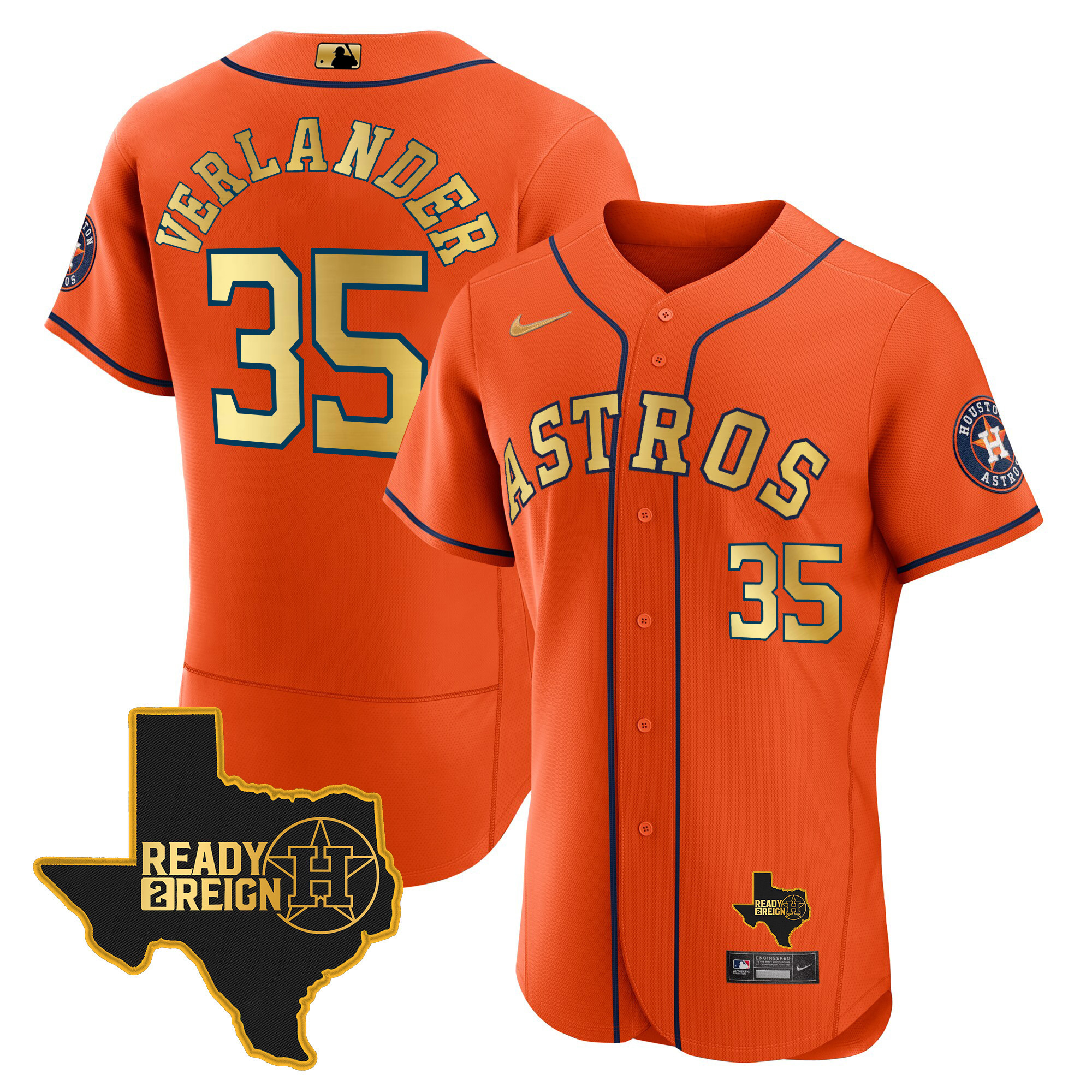 Justin Verlander Men's Houston Astros 2024 Ready 2 Reign Flex Base Orange Gold Jersey - All Stitched