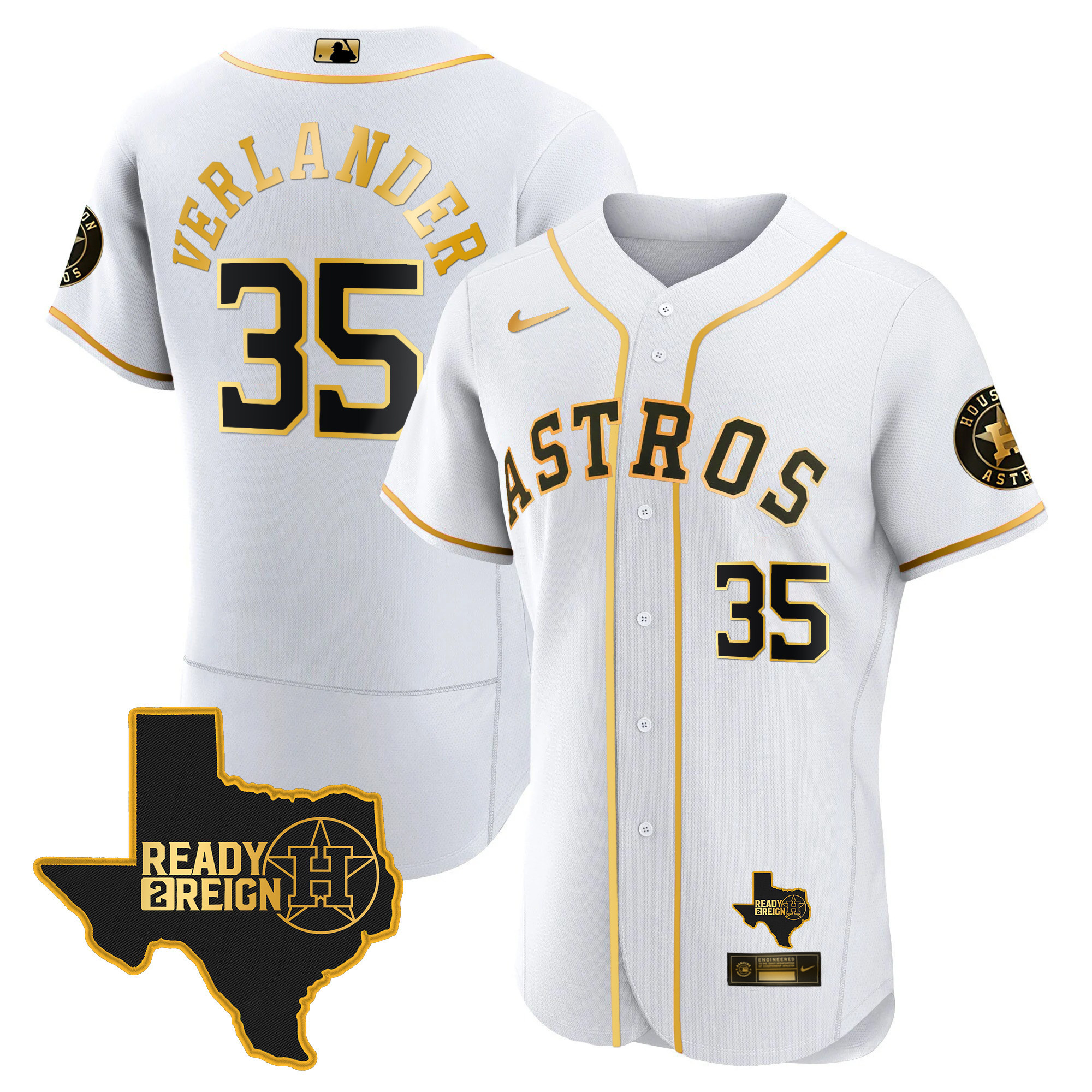 Justin Verlander Men's Houston Astros 2024 Ready 2 Reign Flex Base White Gold Jersey - All Stitched