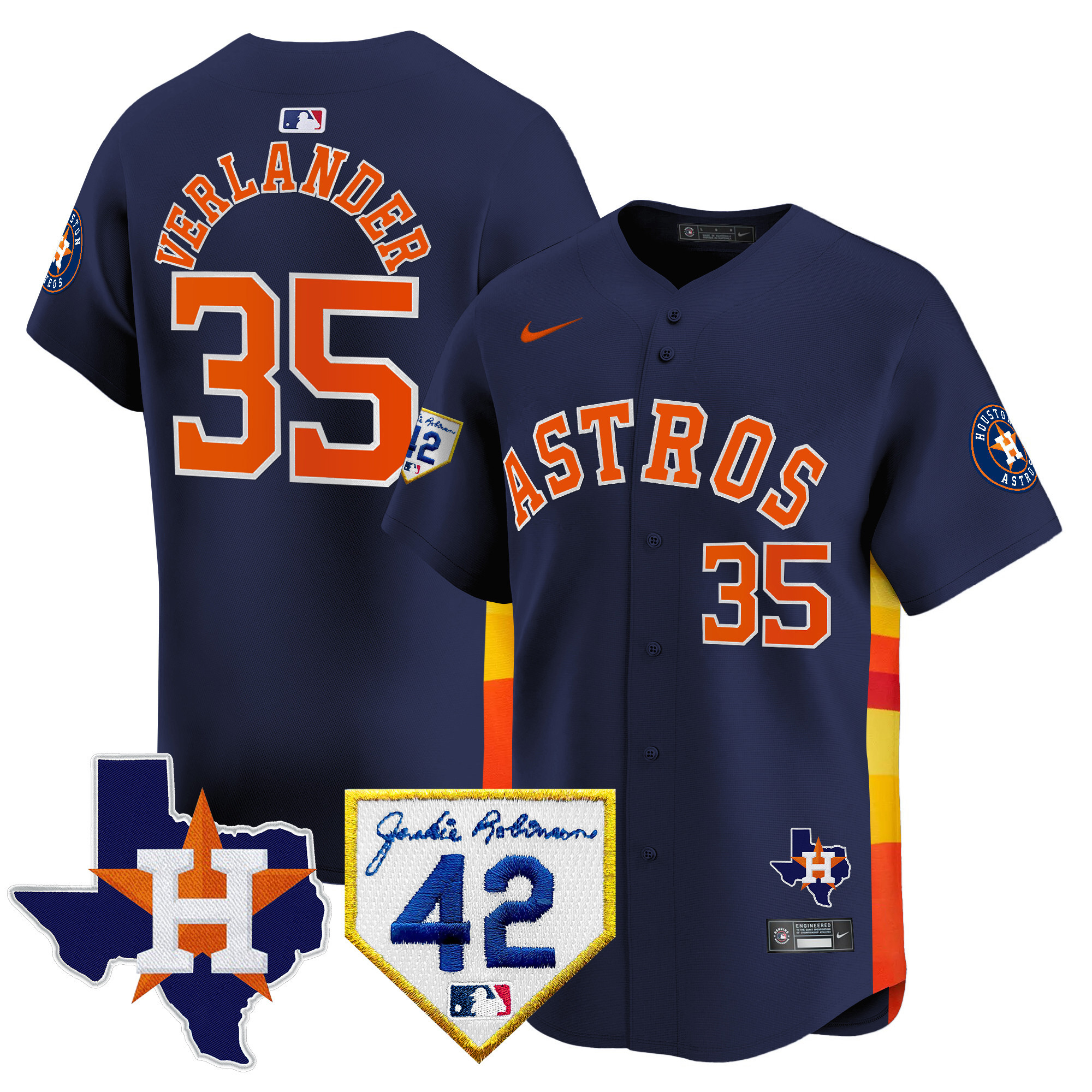 Justin Verlander Men's Houston Astros 2024 Robinson & Texas Patch Vapor Premier Limited Navy Jersey - All Stitched