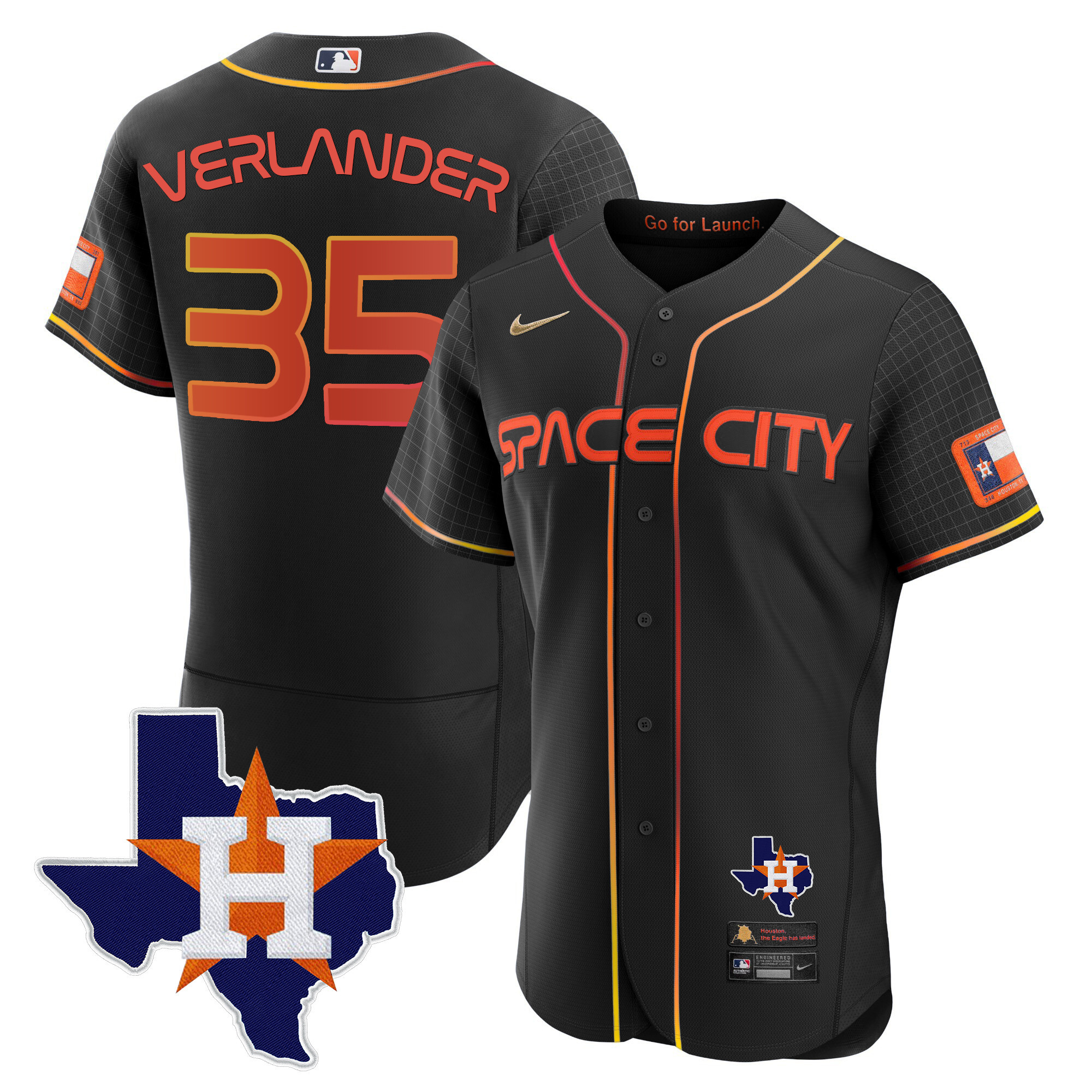 Justin Verlander Men's Houston Astros 2024 Space City Flex Base - Texas Patch Black Jersey - All Stitched