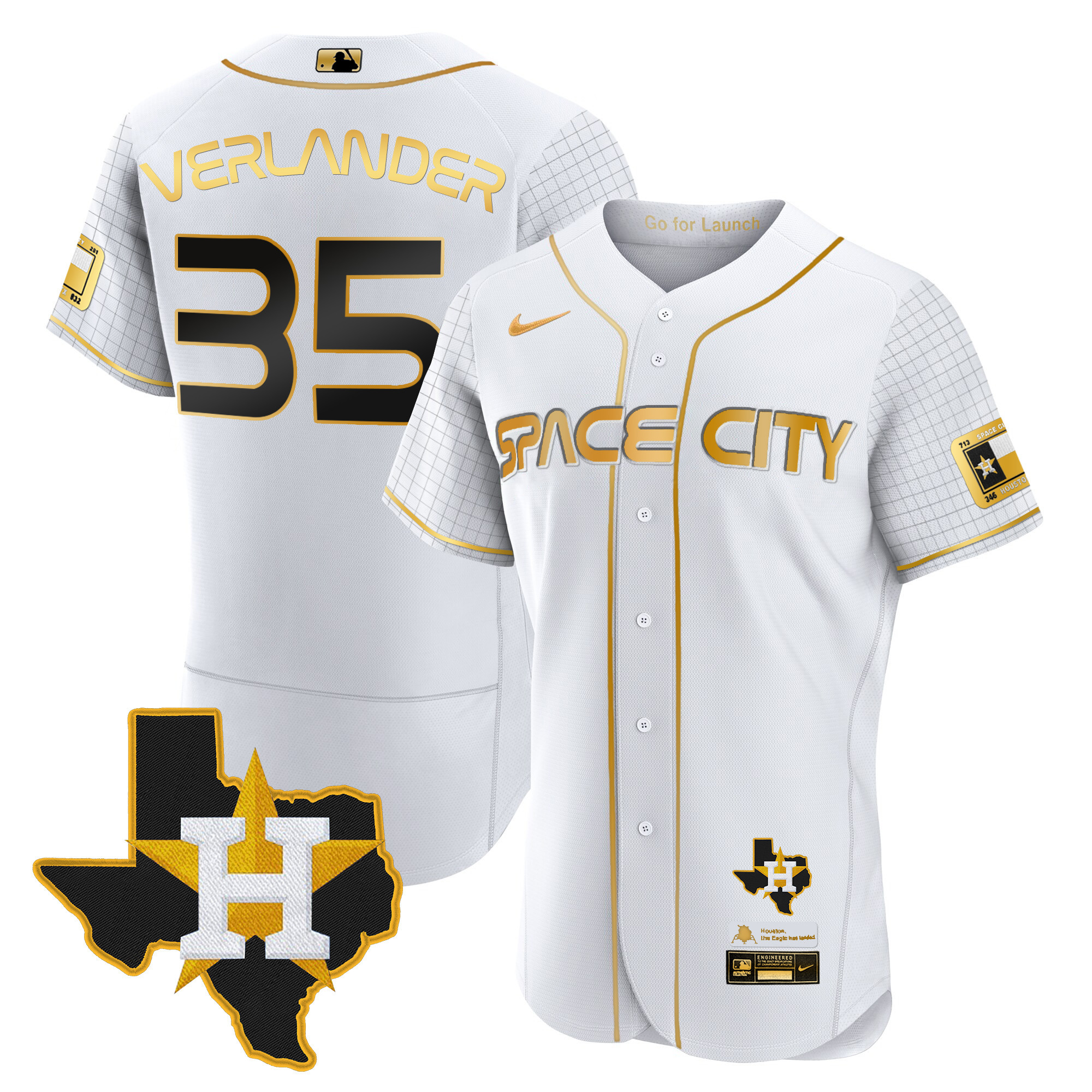 Justin Verlander Men's Houston Astros 2024 Space City Flex Base - Texas Patch White Gold Jersey - All Stitched