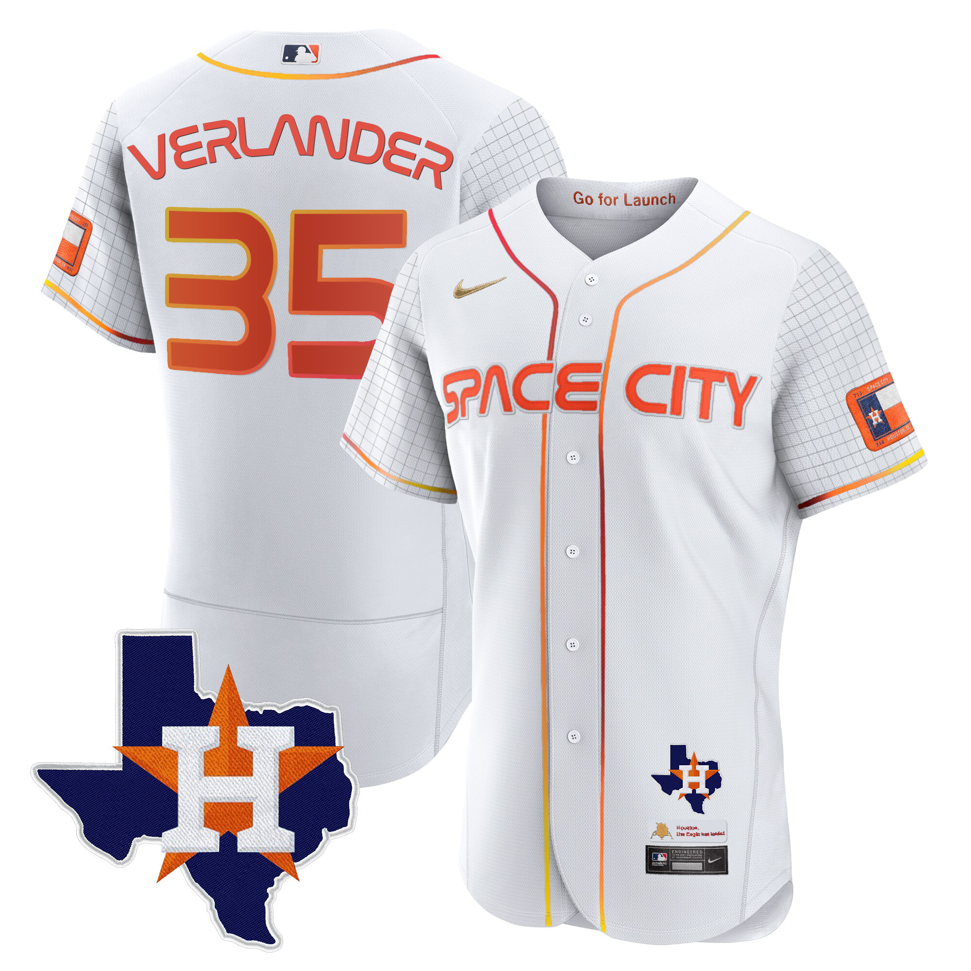 Justin Verlander Men's Houston Astros 2024 Space City Flex Base - Texas Patch White Jersey - All Stitched