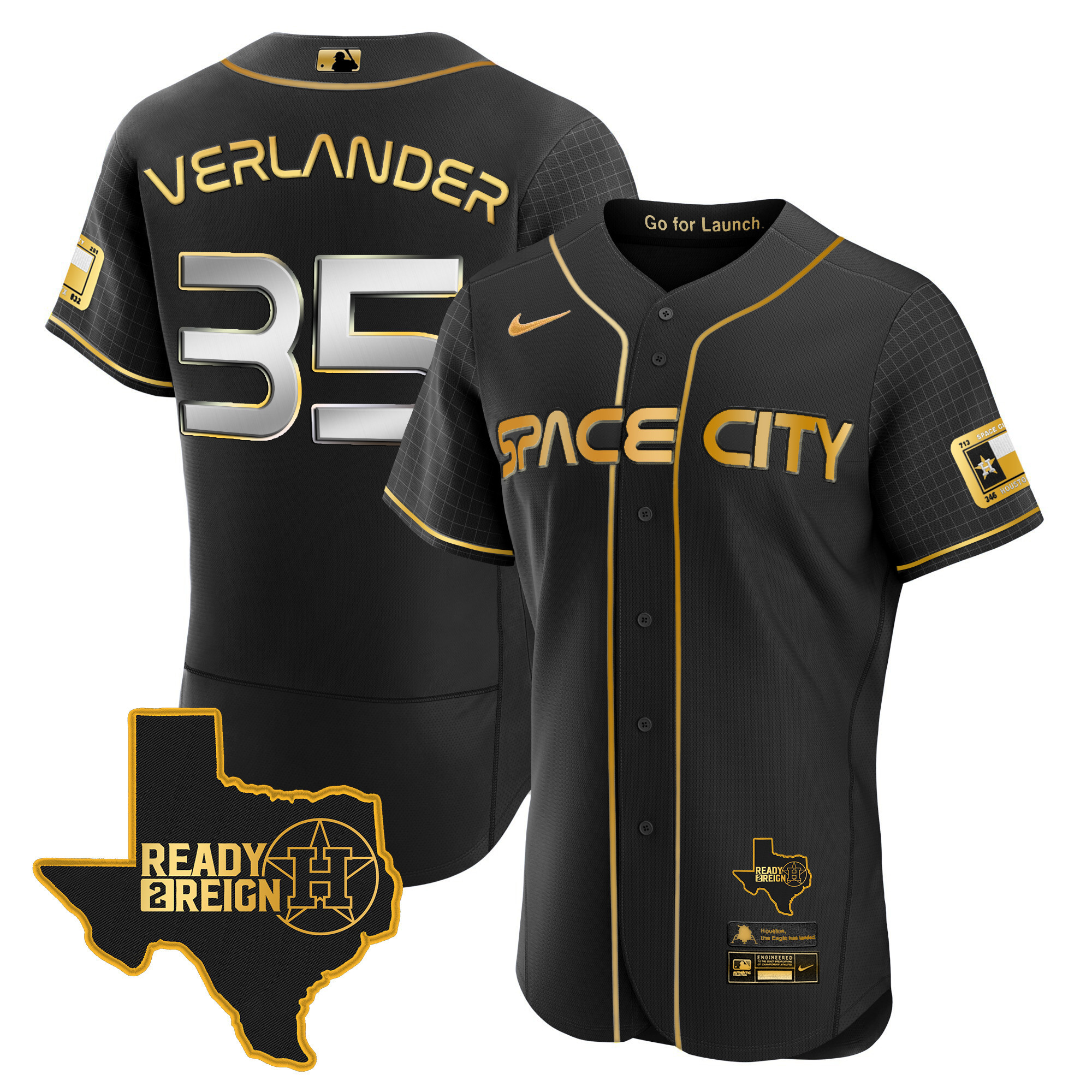 Justin Verlander Men's Houston Astros 2024 Space City Ready 2 Reign Flex Base Black Gold Jersey - All Stitched