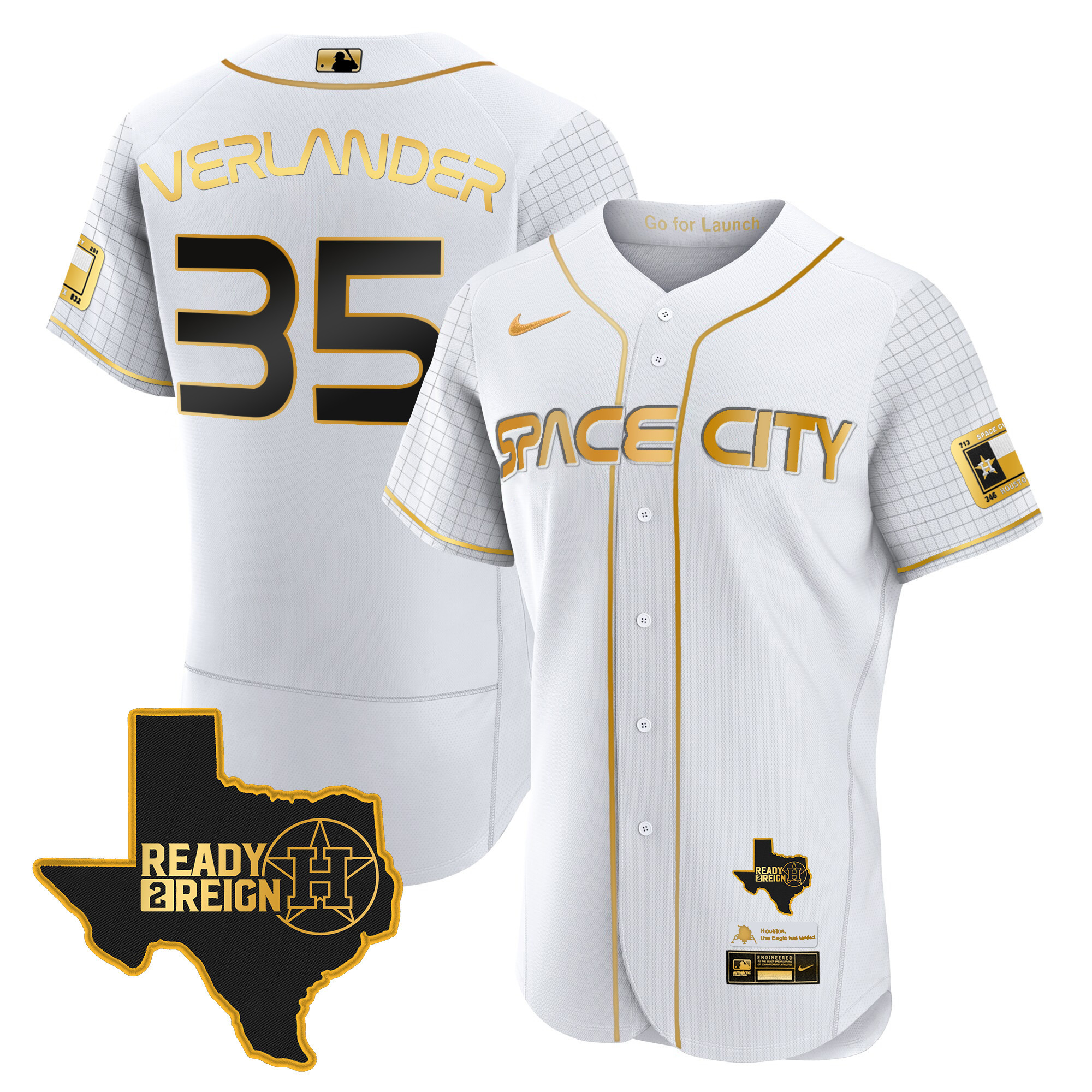 Justin Verlander Men's Houston Astros 2024 Space City Ready 2 Reign Flex Base White Gold Jersey - All Stitched