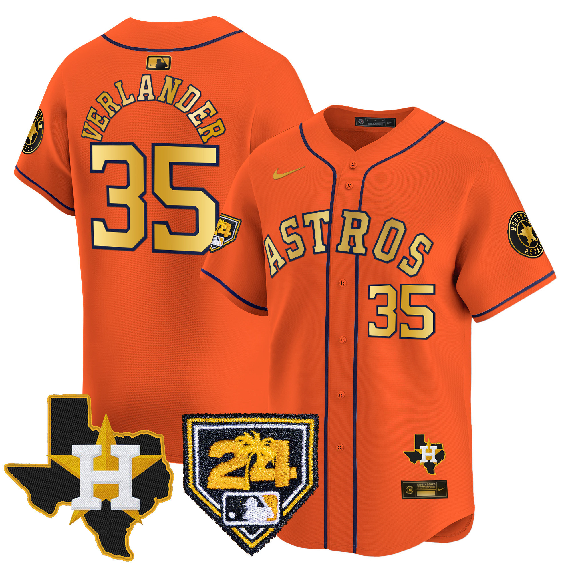 Justin Verlander Men's Houston Astros 2024 Spring Training & Texas Patch Vapor Premier Limited Orange Gold Jersey - All Stitched